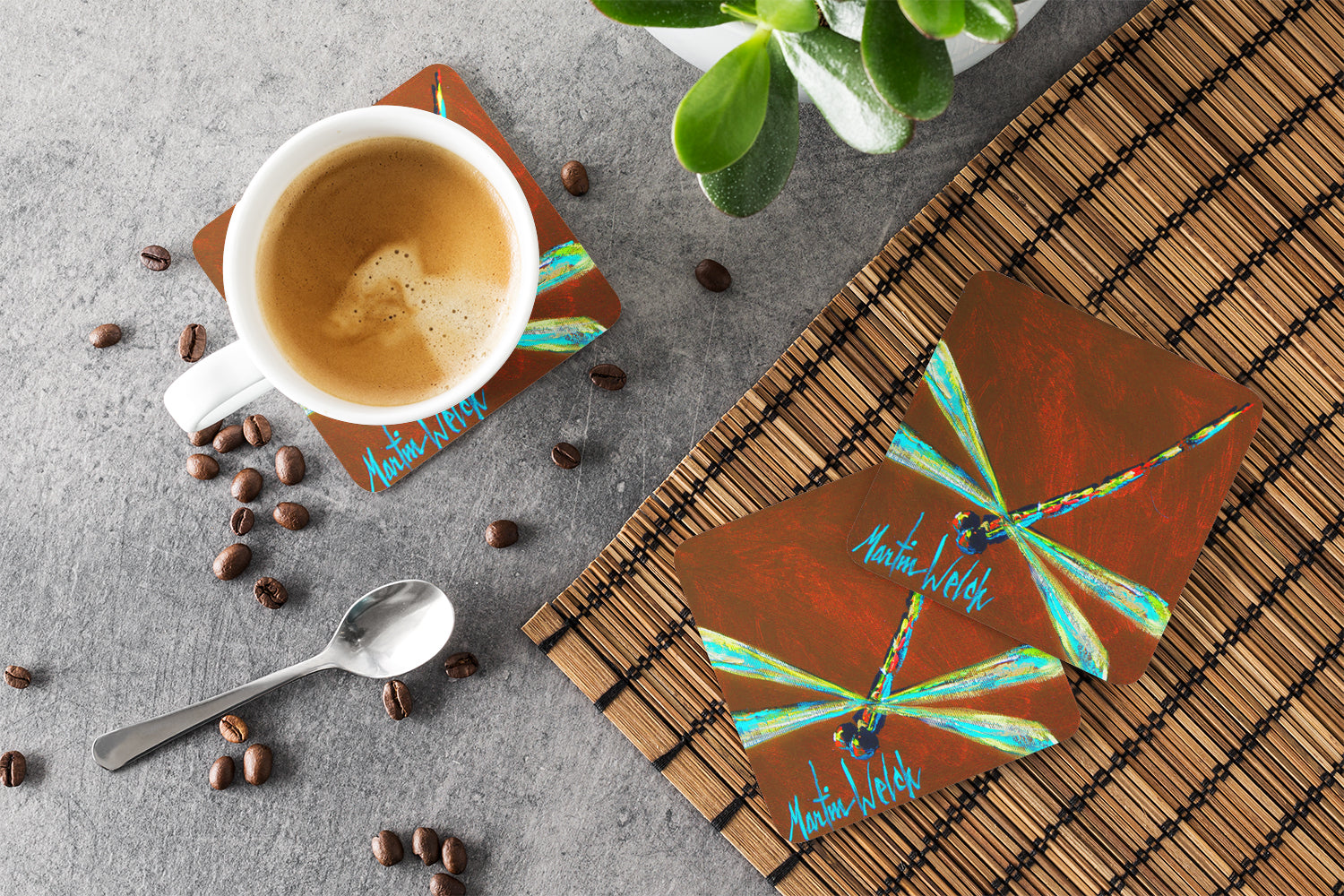 Insect - Dragonfly Chocolate Chip Foam Coasters Set of 4 Cup Coasters for Indoor Outdoor, Tabletop Protection, Anti Slip, Mouse pad Material