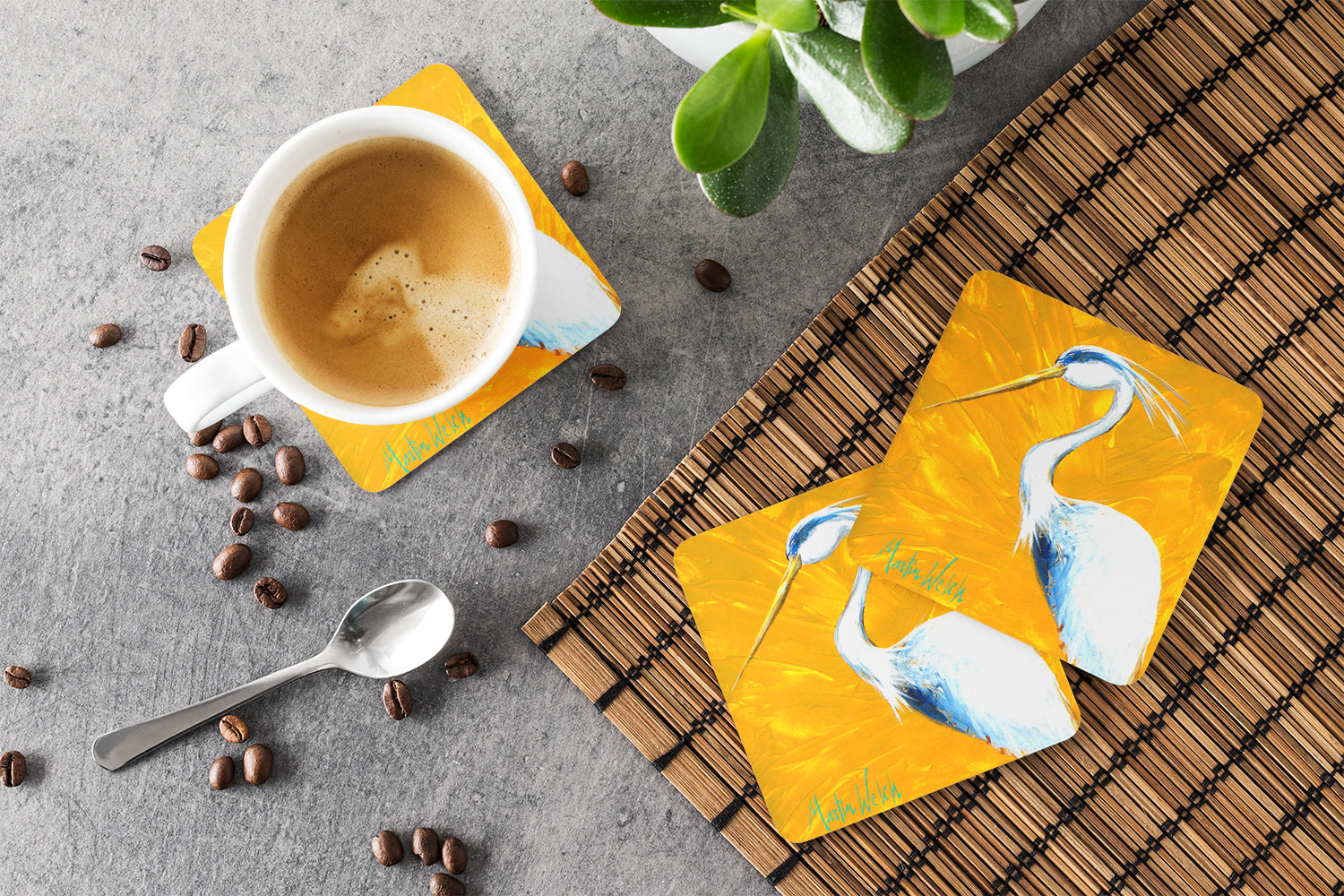Bird - Blue Heron Col Mustard Foam Coasters Set of 4 Cup Coasters for Indoor Outdoor, Tabletop Protection, Anti Slip, Mouse pad Material