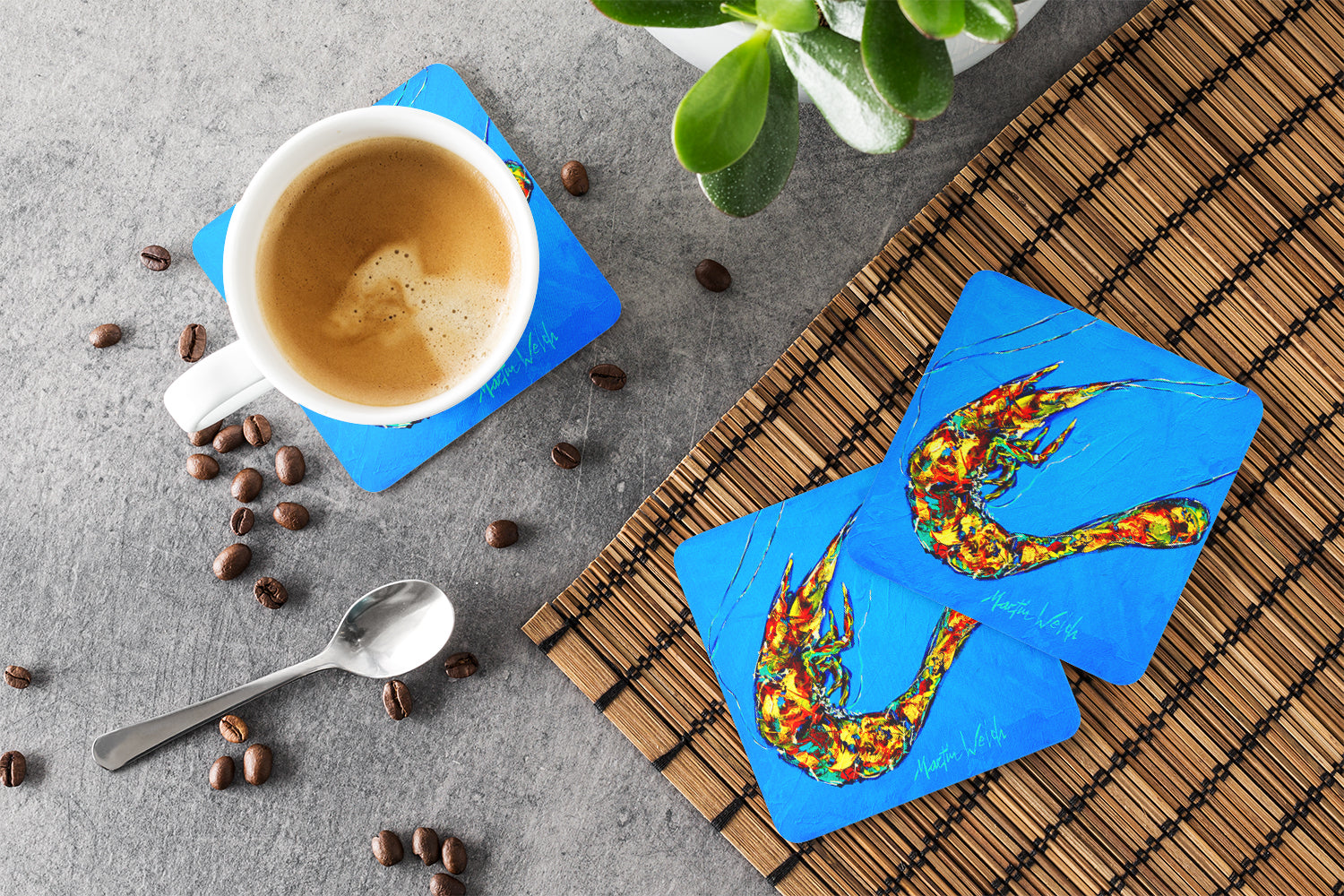 Shrimp Felix Foam Coasters Set of 4 Cup Coasters for Indoor Outdoor, Tabletop Protection, Anti Slip, Mouse pad Material