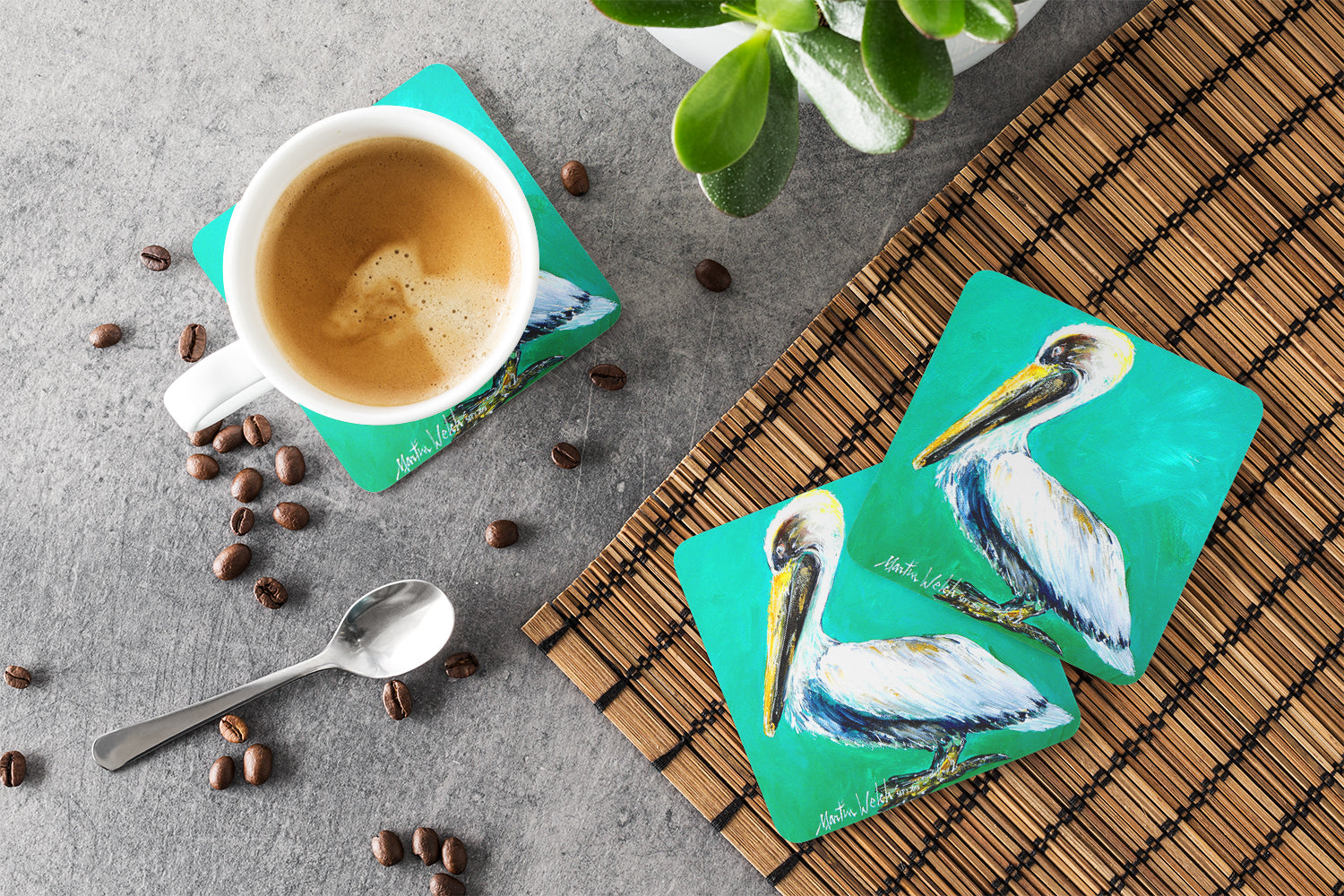 Bird - Pelican Lightin Up Foam Coasters Set of 4 Cup Coasters for Indoor Outdoor, Tabletop Protection, Anti Slip, Mouse pad Material