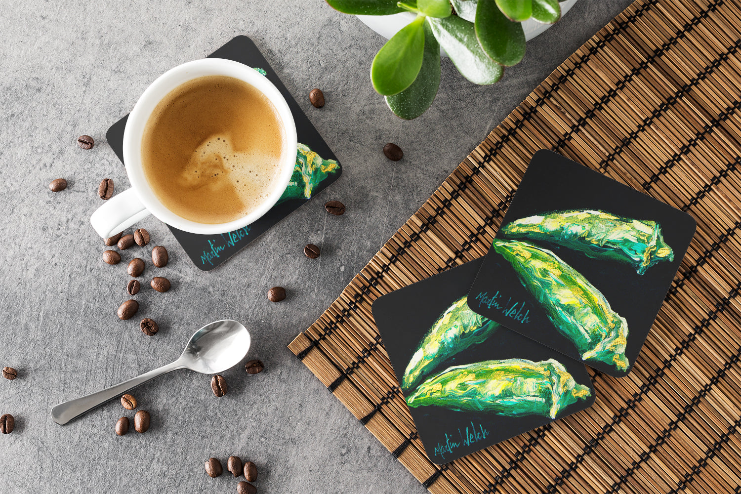 Vegetables - Okra Gumbo Foam Coasters Set of 4 Cup Coasters for Indoor Outdoor, Tabletop Protection, Anti Slip, Mouse pad Material