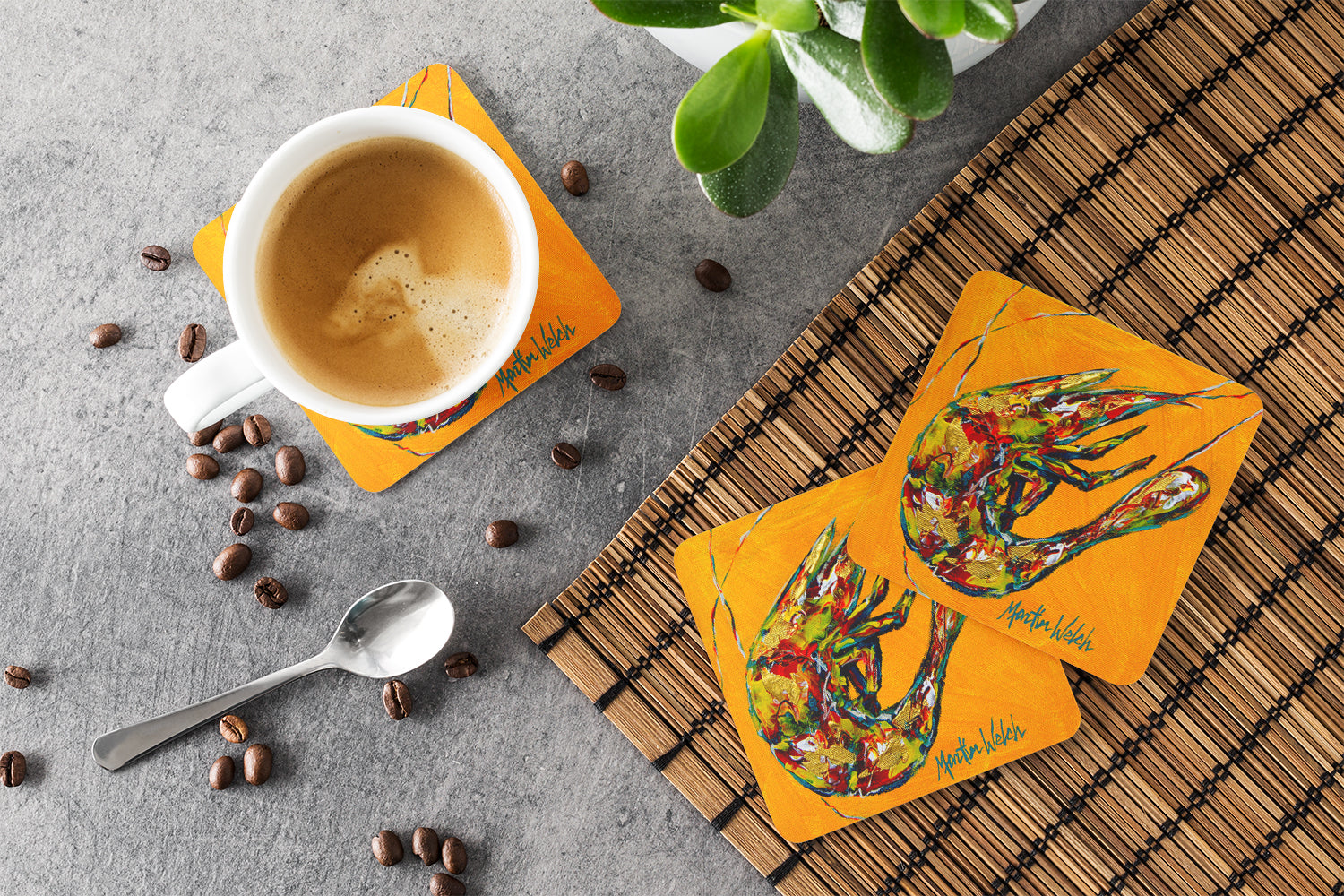 Shrimp Remy Foam Coasters Set of 4 Cup Coasters for Indoor Outdoor, Tabletop Protection, Anti Slip, Mouse pad Material