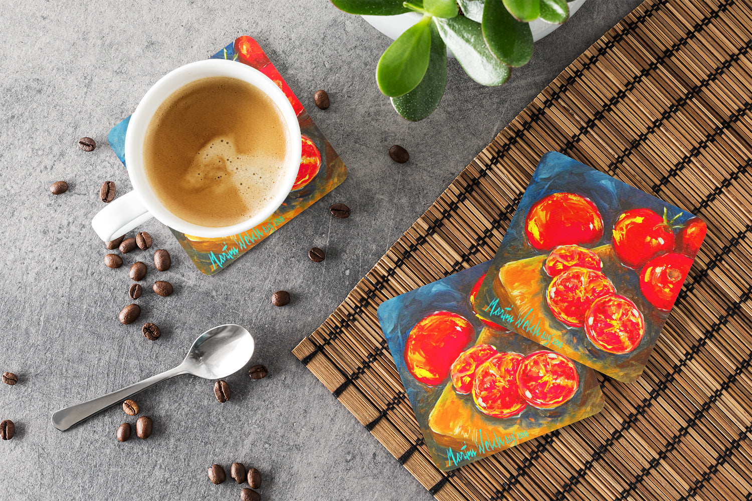 Vegetables - Tomato Slice It Up Foam Coasters Set of 4 Cup Coasters for Indoor Outdoor, Tabletop Protection, Anti Slip, Mouse pad Material