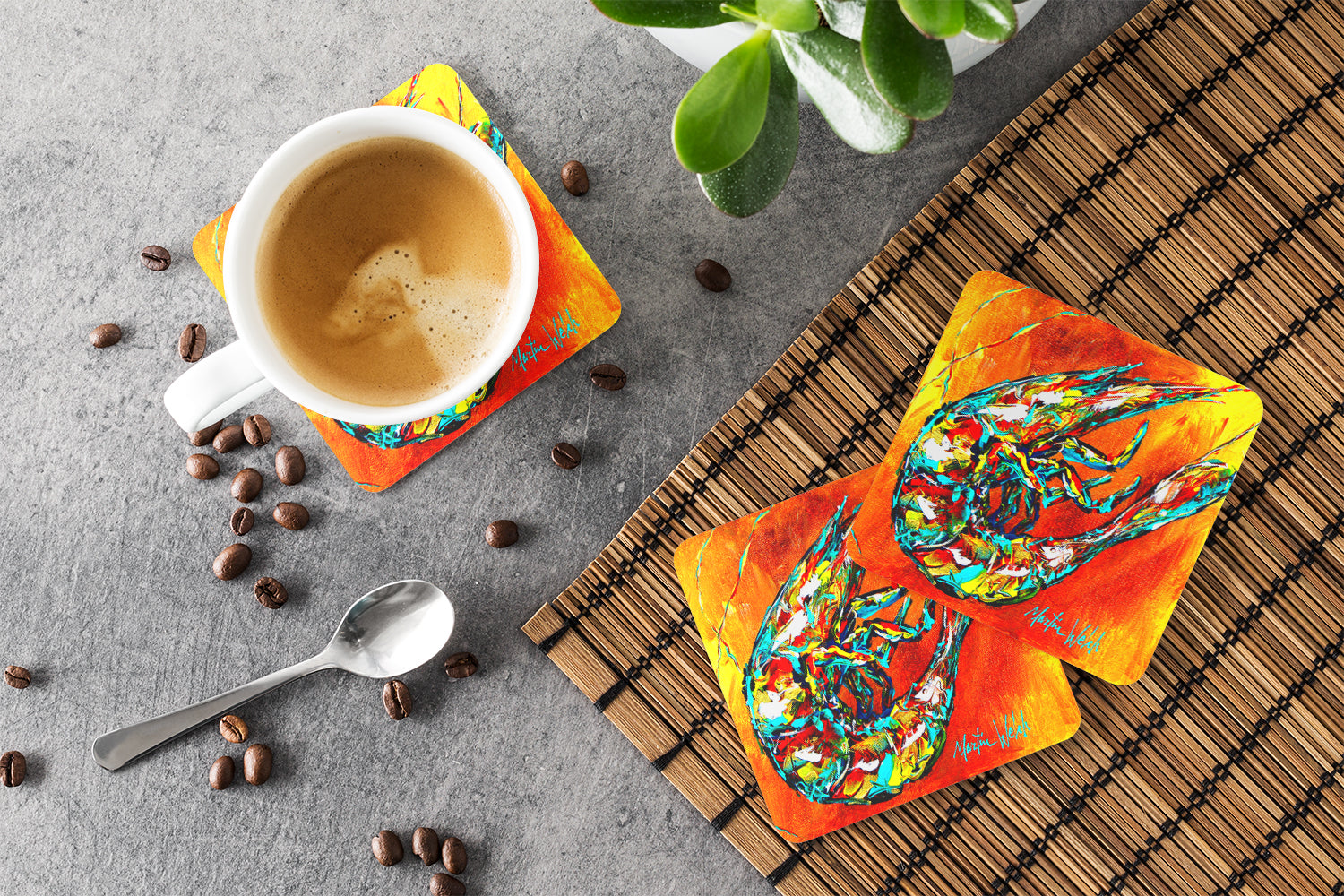 Shrimp Warming Up Foam Coasters Set of 4 Cup Coasters for Indoor Outdoor, Tabletop Protection, Anti Slip, Mouse pad Material