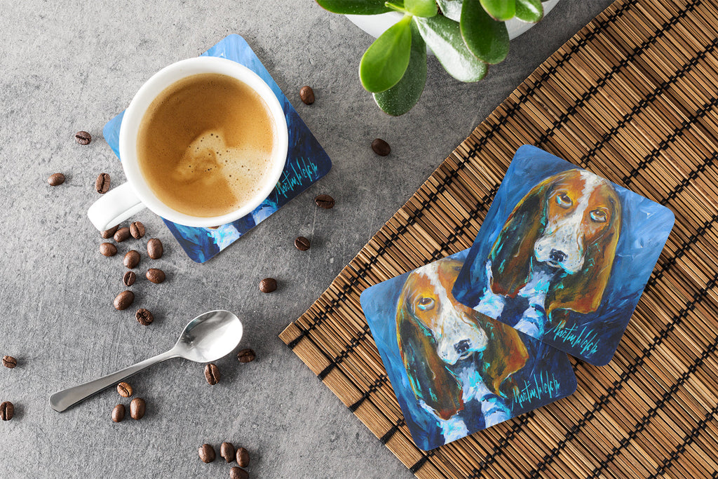 Dog - Basset Hound You talkin' 'bout me Foam Coasters Set of 4 Cup Coasters for Indoor Outdoor, Tabletop Protection, Anti Slip, Mouse pad Material
