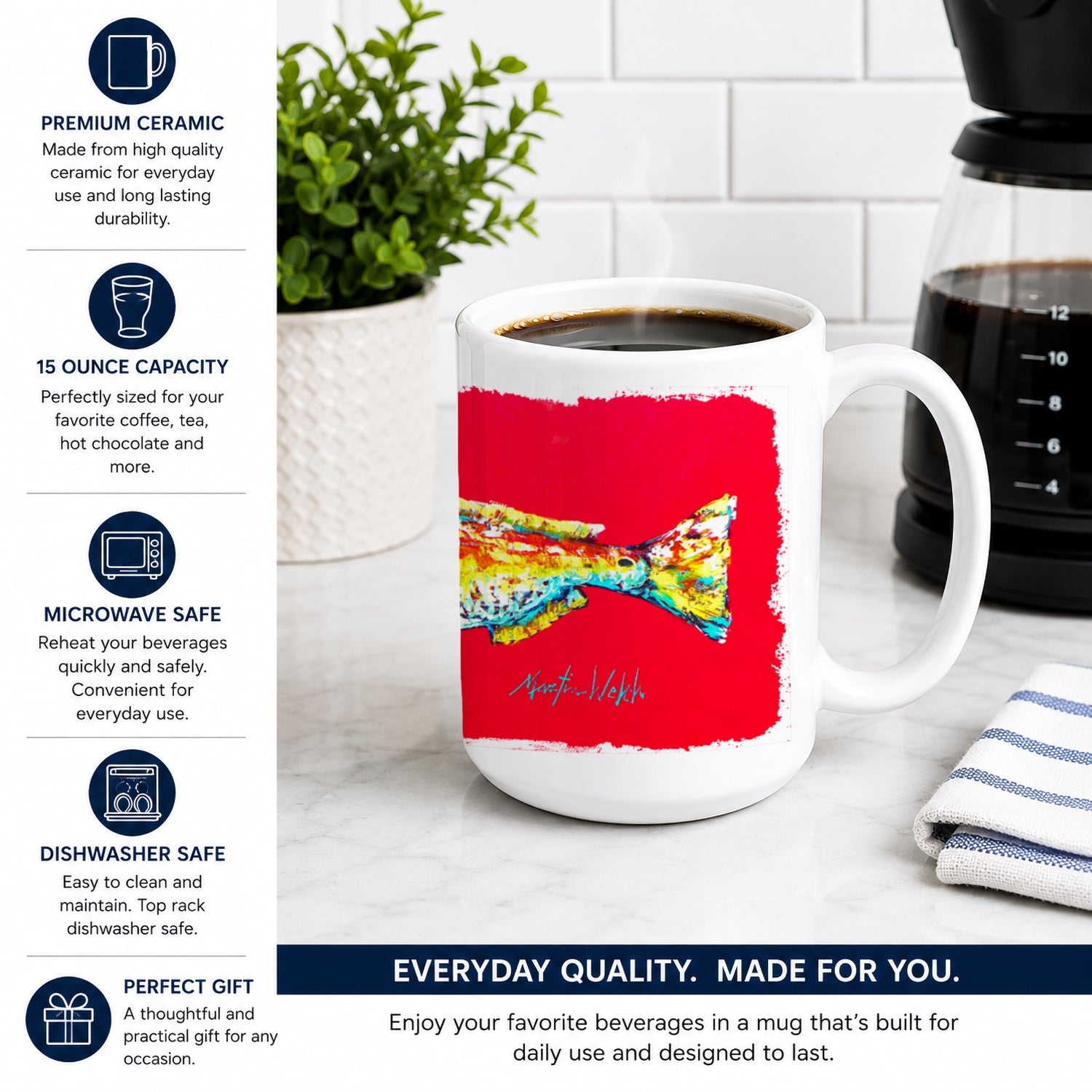 Fish - Red Fish Alphonzo Ceramic Coffee Mug 15 oz Decorative Large C Handle Mug Cup for Tea, Cocoa Hot Chocolate