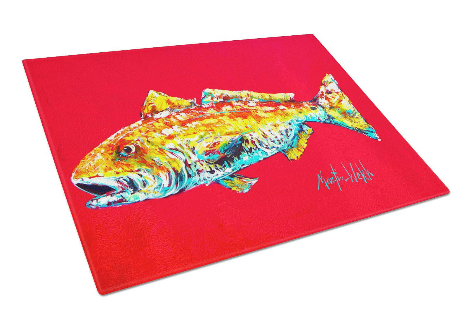 Fish - Red Fish Alphonzo Cutting Board Tempered Glass Kitchen Cutting Surface, Heat Resistant Chopping, Non-Slip Feet, Food Prep & Serving