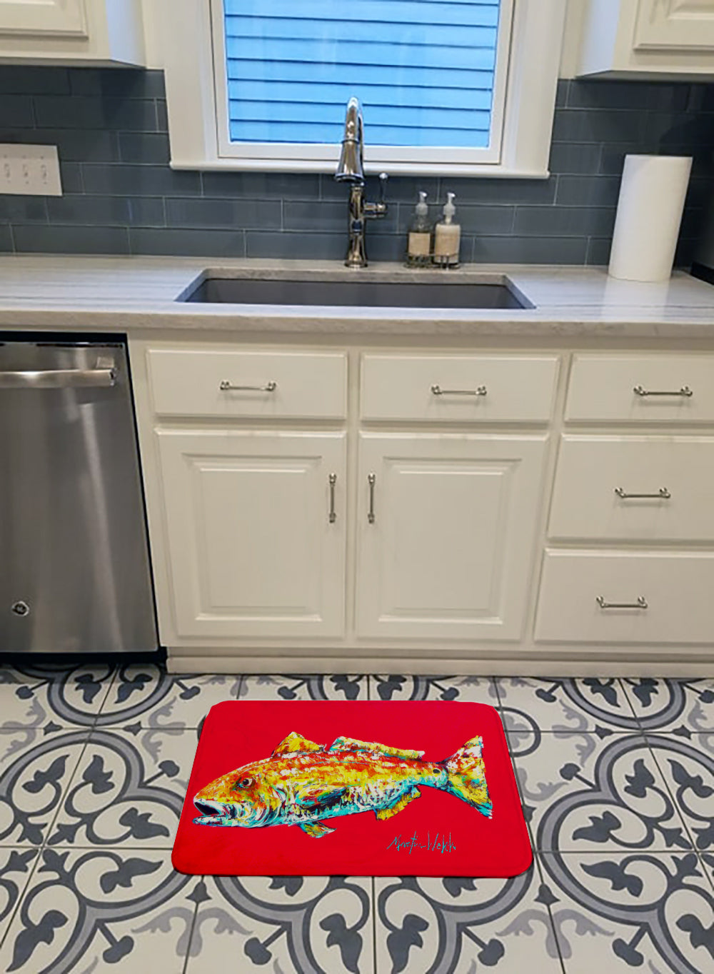 Fish - Red Fish Alphonzo Memory Foam Kitchen Mat Machine Washable Anti-Fatigue Cushion Comfort Bath or Kitchen Rug