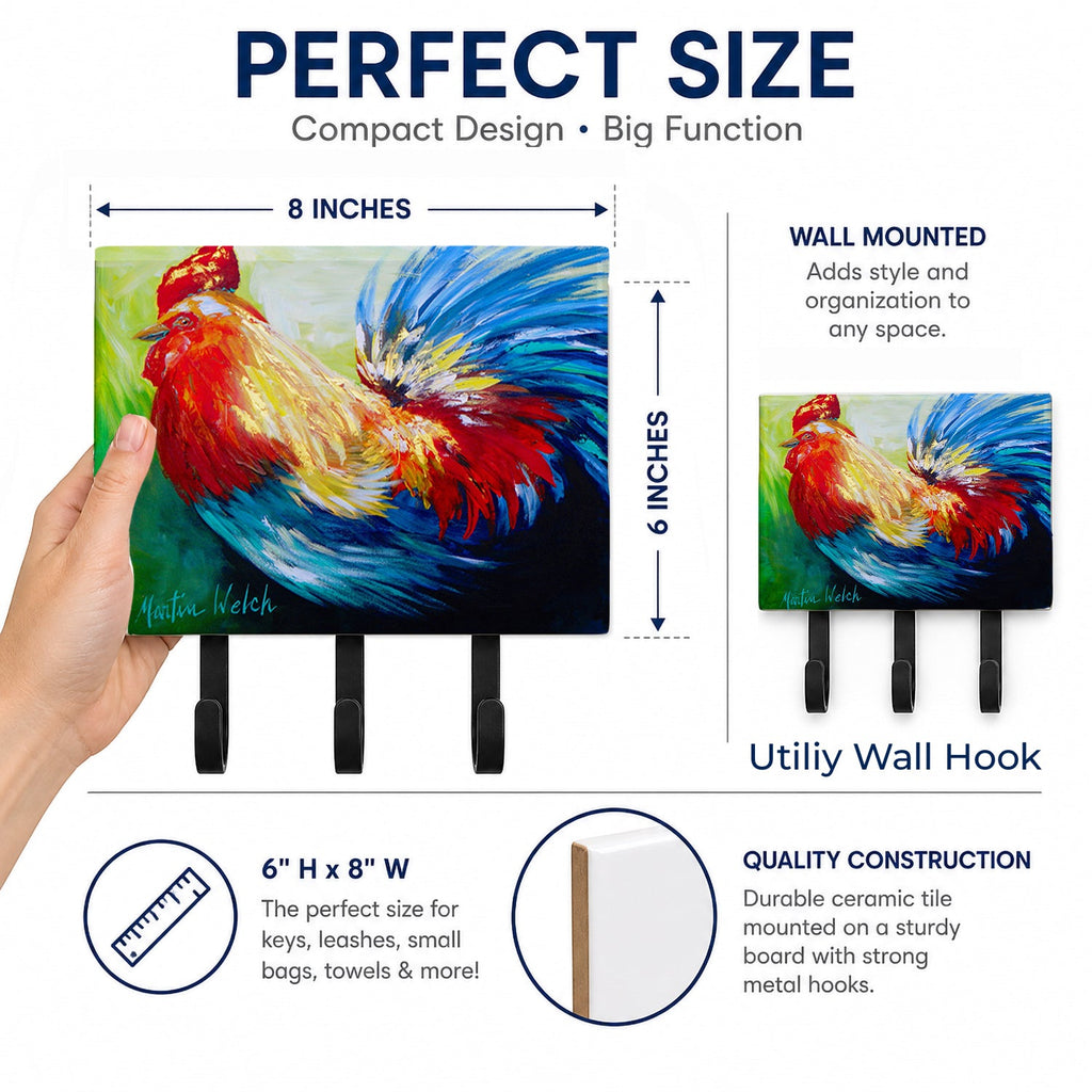 Bird - Rooster Chief Big Feathers Leash or Key Holder Wall Hooks, Coat Rack Wall Mount, for Hanging Keys, Towels, Aprons, Leashes