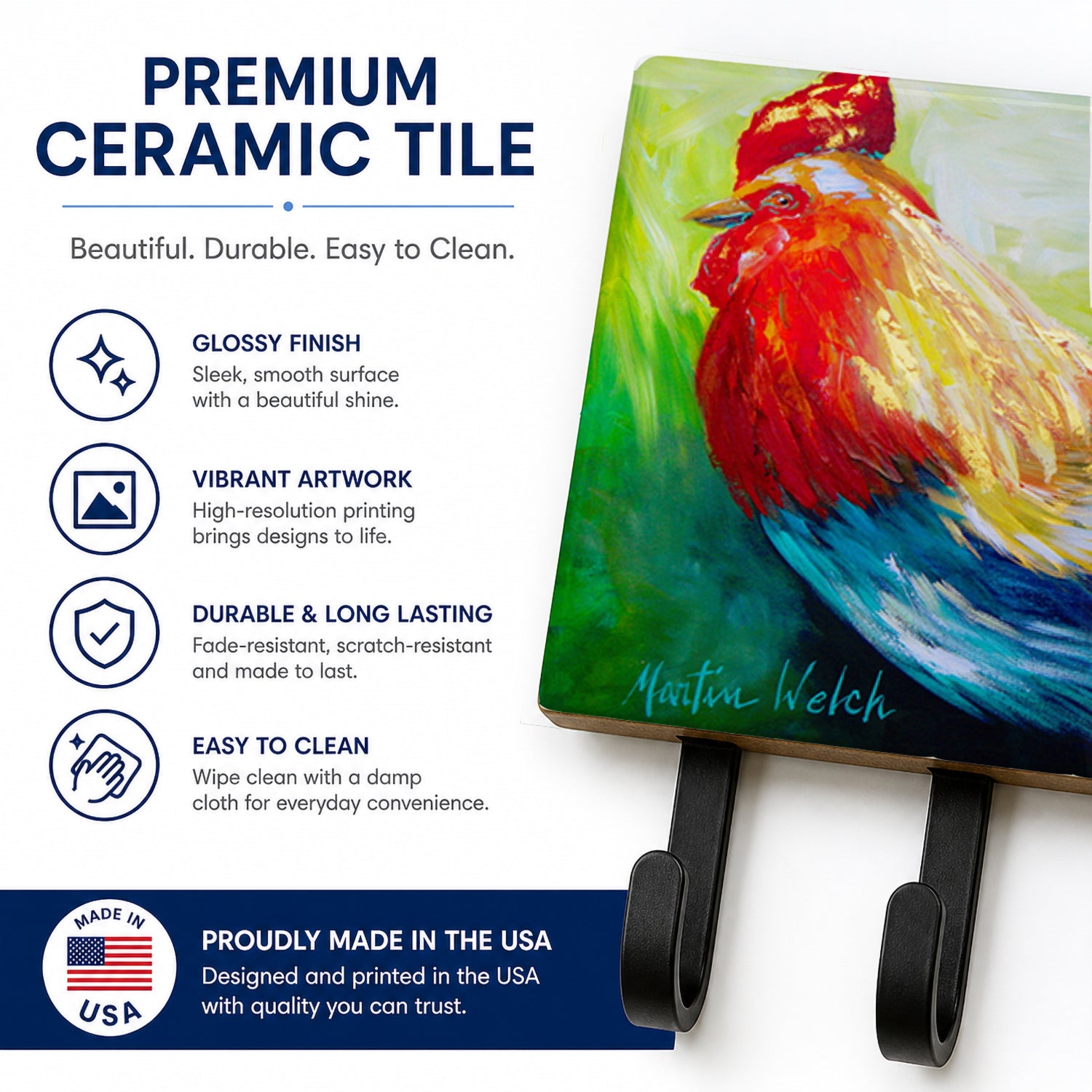Bird - Rooster Chief Big Feathers Leash or Key Holder Wall Hooks, Coat Rack Wall Mount, for Hanging Keys, Towels, Aprons, Leashes