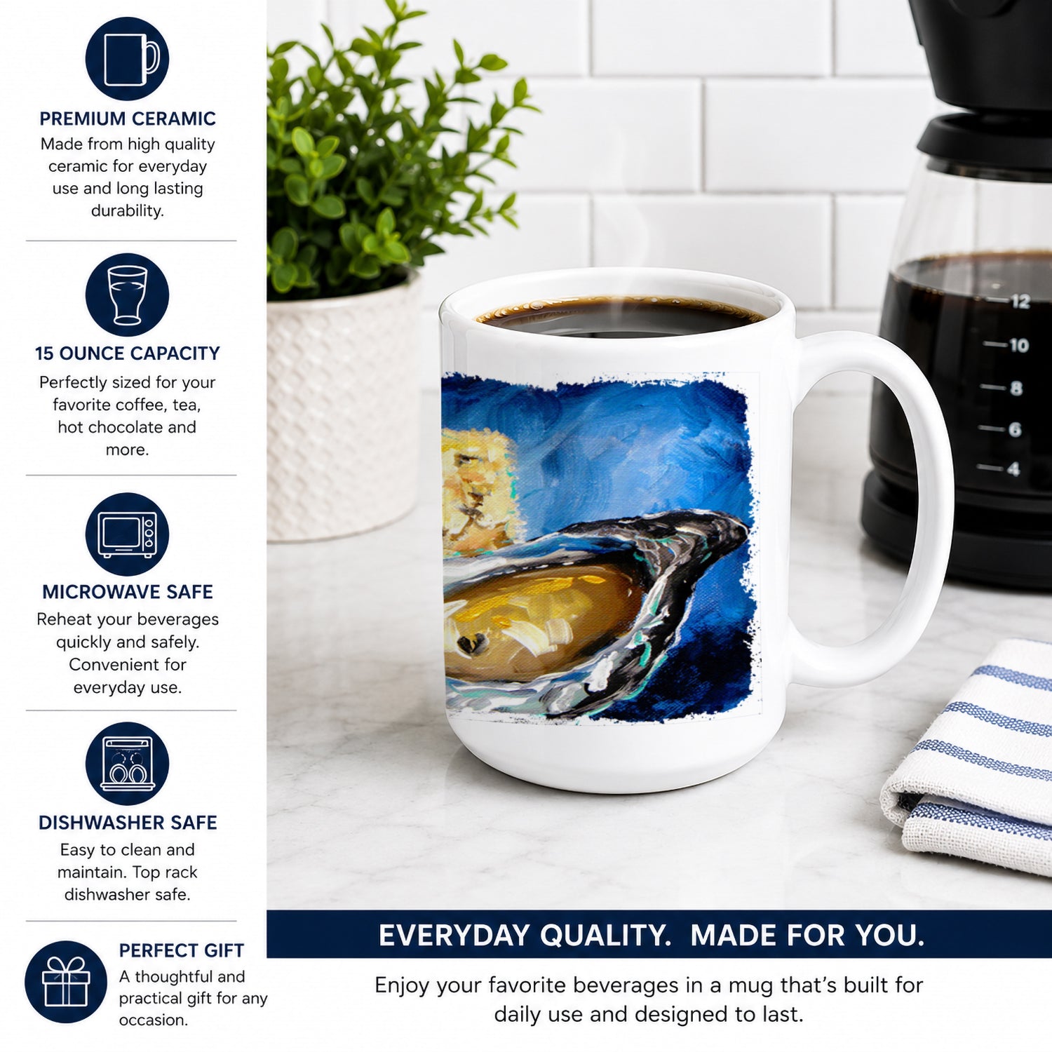 Oysters Two Crackers Ceramic Coffee Mug 15 oz Decorative Large C Handle Mug Cup for Tea, Cocoa Hot Chocolate