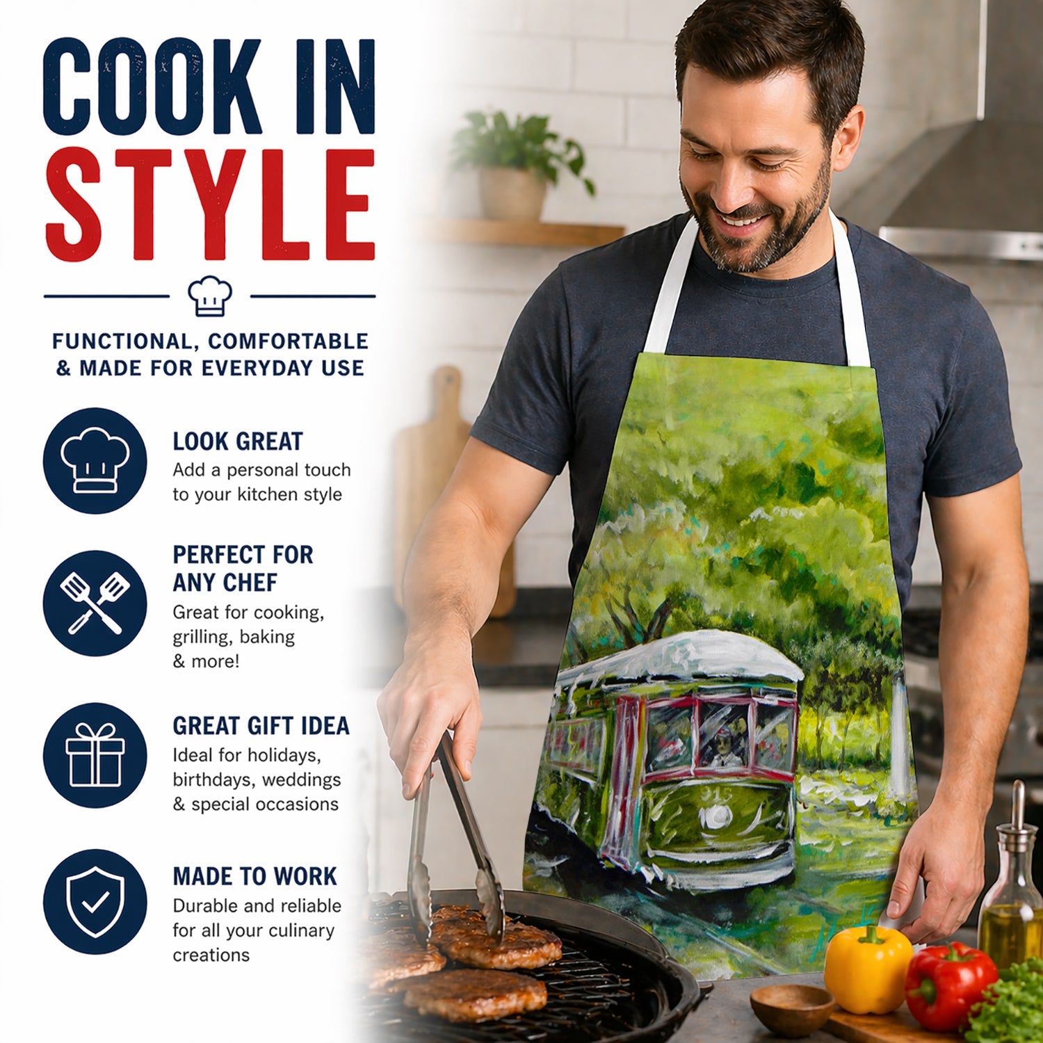 Streetcar Next Stop Audubon Park Apron Cooking Kitchen Server Baking Crafts Gardening for Adult Women Men, Unisex, Large, Multicolor