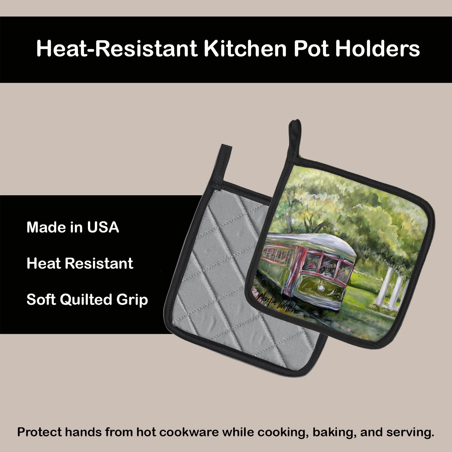 Streetcar Next Stop Audubon Park Pot Holder Set of 2 Heat Resistant Quilted Hot Pads 7.5 x 7.5 Inch, Insulated Kitchen Trivets for Cooking & Baking