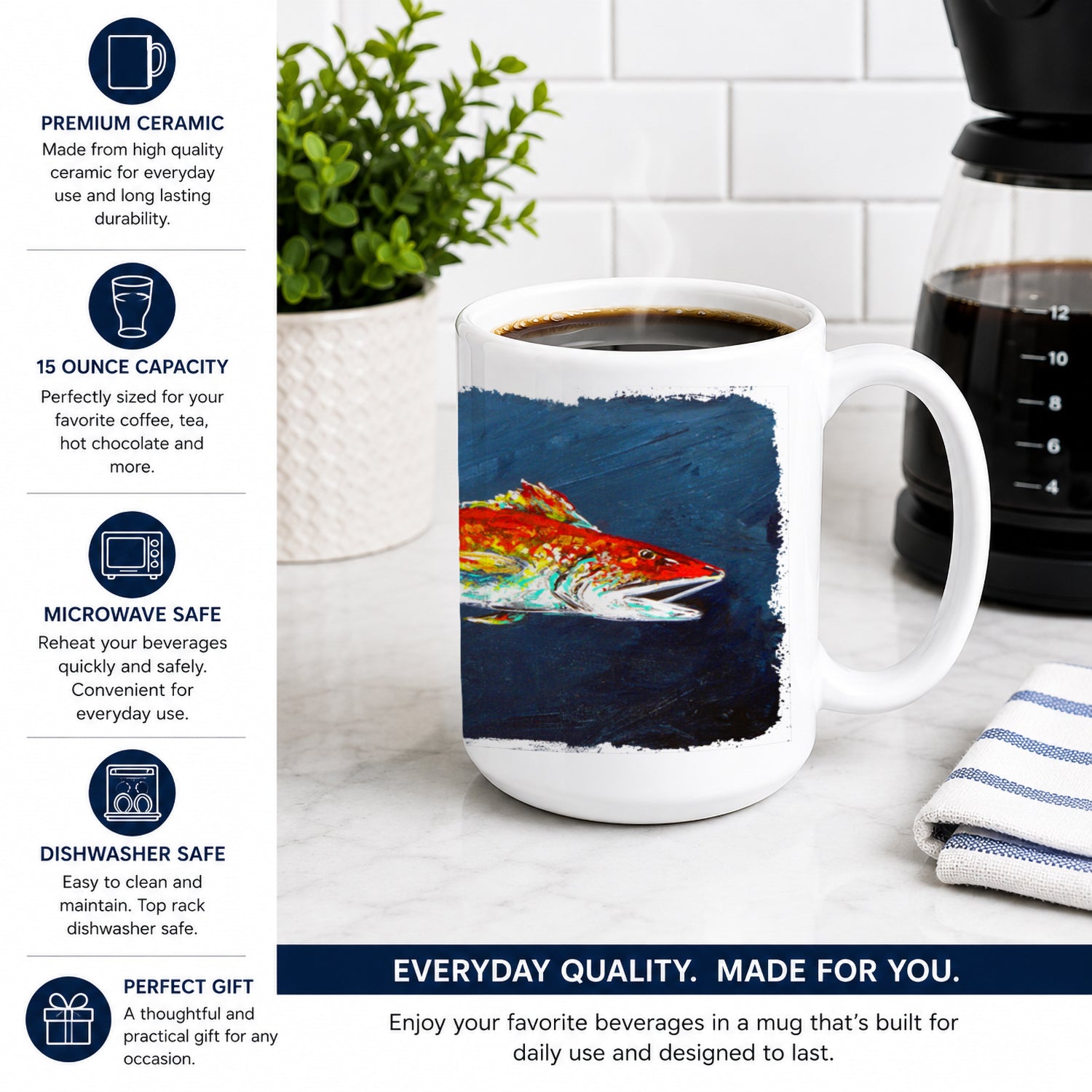 Fish - Red Fish Red for Jarett Ceramic Coffee Mug 15 oz Decorative Large C Handle Mug Cup for Tea, Cocoa Hot Chocolate