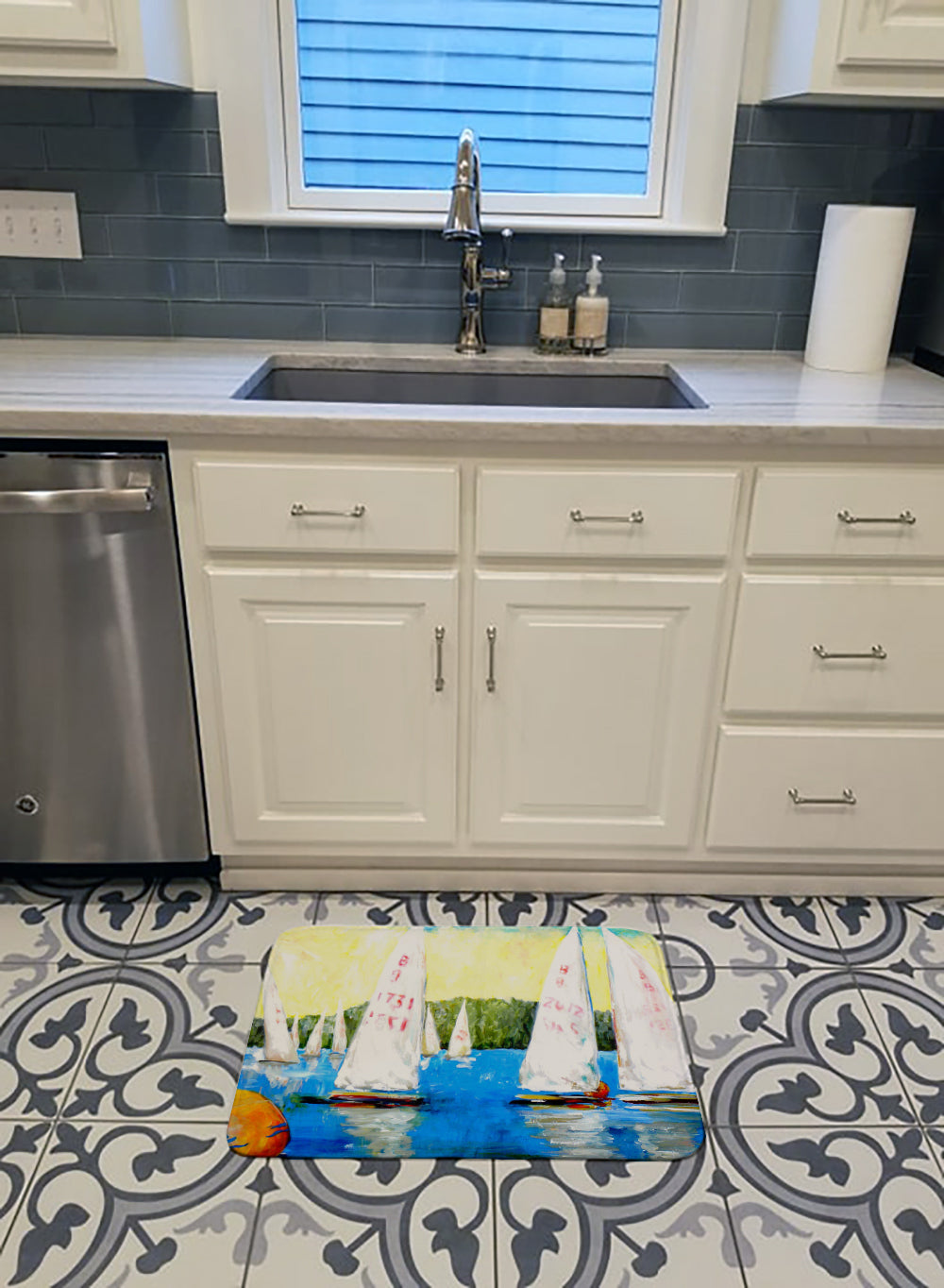 Sailboats Round the Mark Memory Foam Kitchen Mat Machine Washable Anti-Fatigue Cushion Comfort Bath or Kitchen Rug
