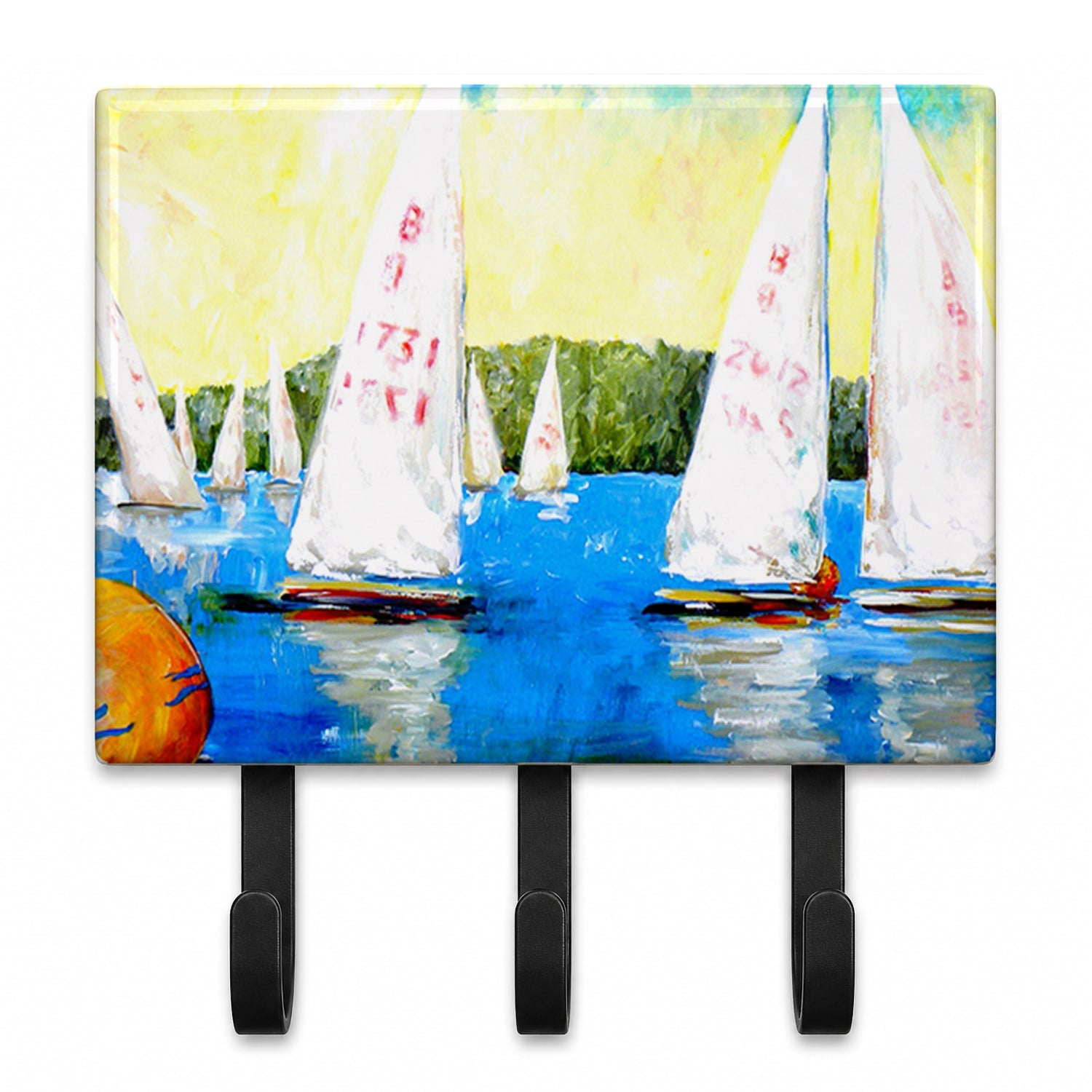 Sailboats Round the Mark Leash or Key Holder Wall Hooks, Coat Rack Wall Mount, for Hanging Keys, Towels, Aprons, Leashes