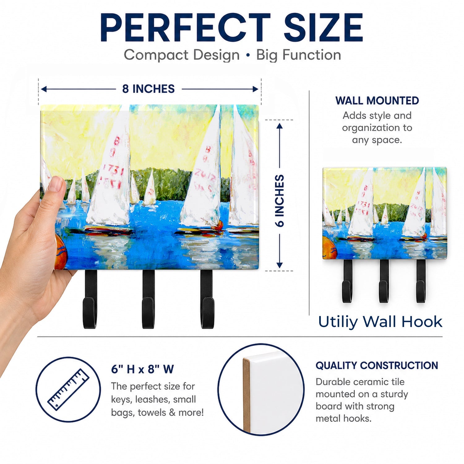 Sailboats Round the Mark Leash or Key Holder Wall Hooks, Coat Rack Wall Mount, for Hanging Keys, Towels, Aprons, Leashes
