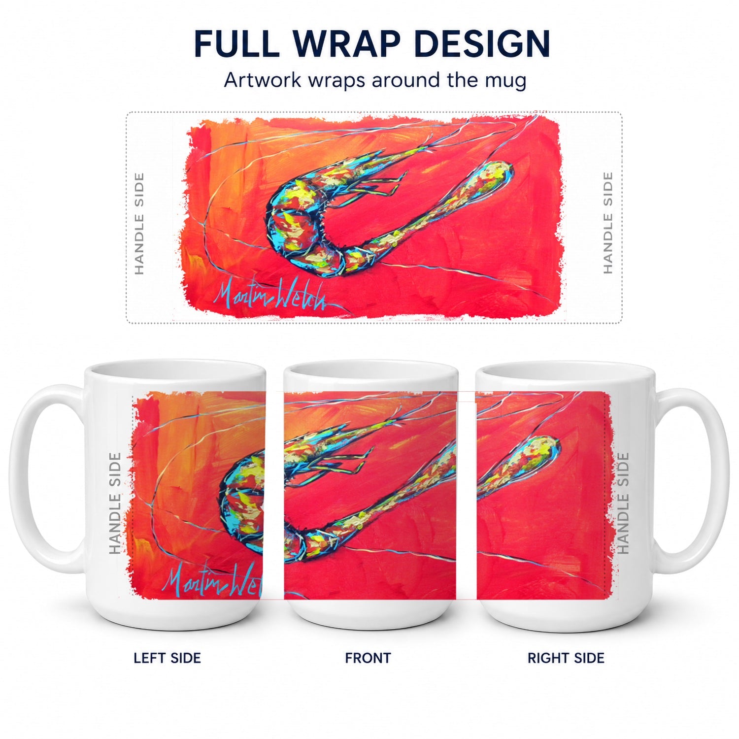 Shrimp Seafood Three Ceramic Coffee Mug 15 oz Decorative Large C Handle Mug Cup for Tea, Cocoa Hot Chocolate