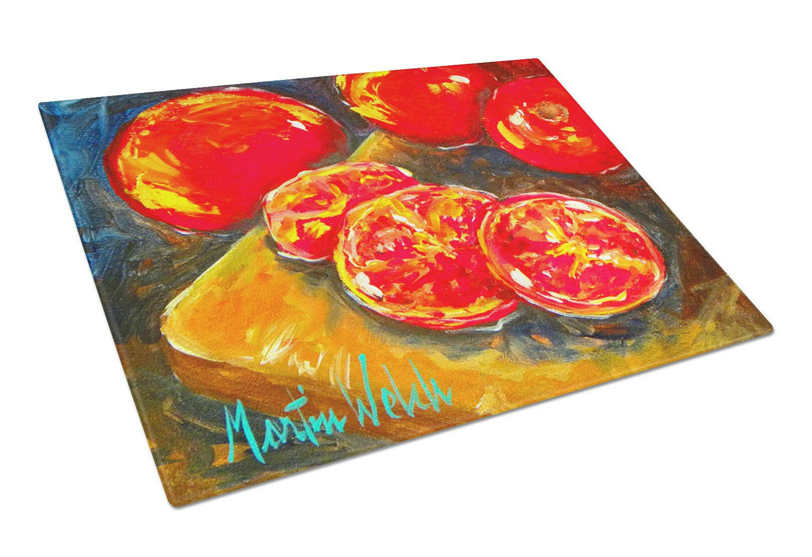 Vegetables - Tomatoes Slice It Up Cutting Board Tempered Glass Kitchen Cutting Surface, Heat Resistant Chopping, Non-Slip Feet, Food Prep & Serving