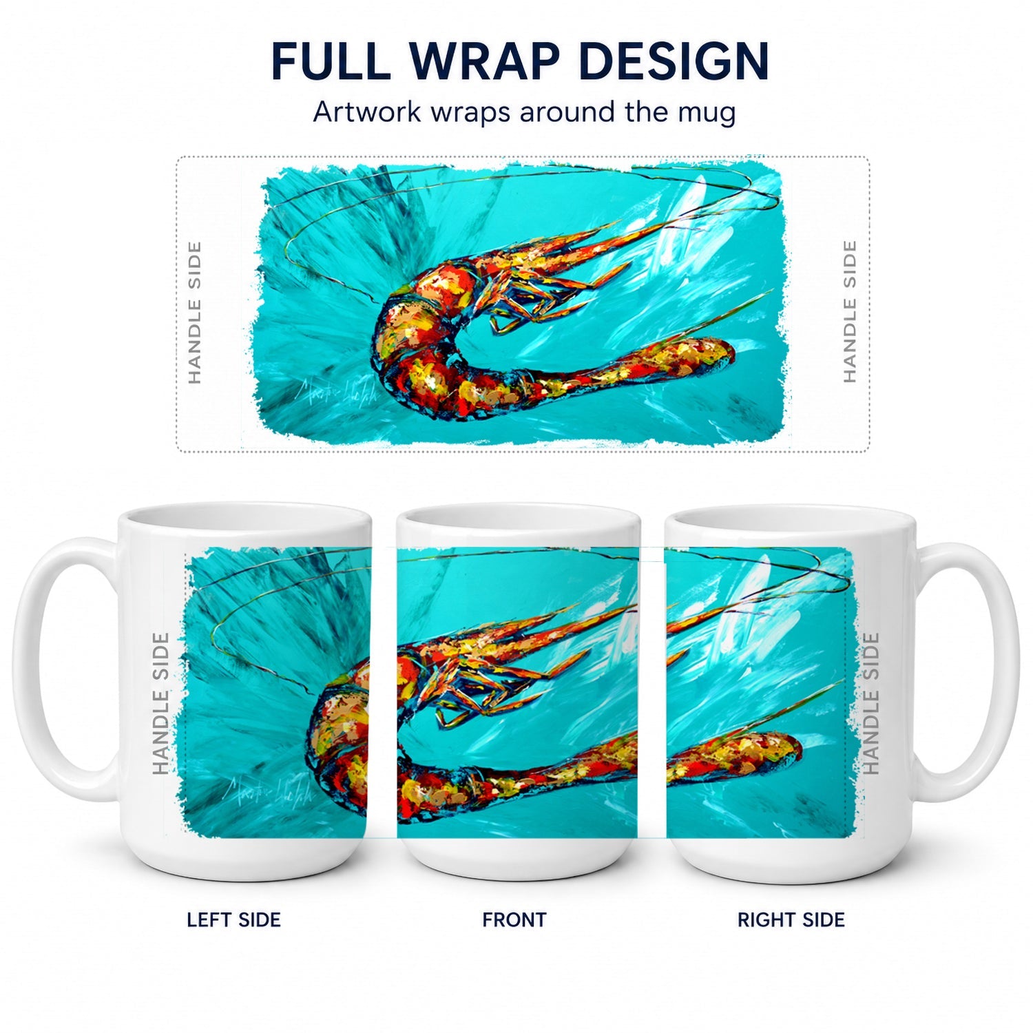 Shrimp Teal Shrimp Ceramic Coffee Mug 15 oz Decorative Large C Handle Mug Cup for Tea, Cocoa Hot Chocolate