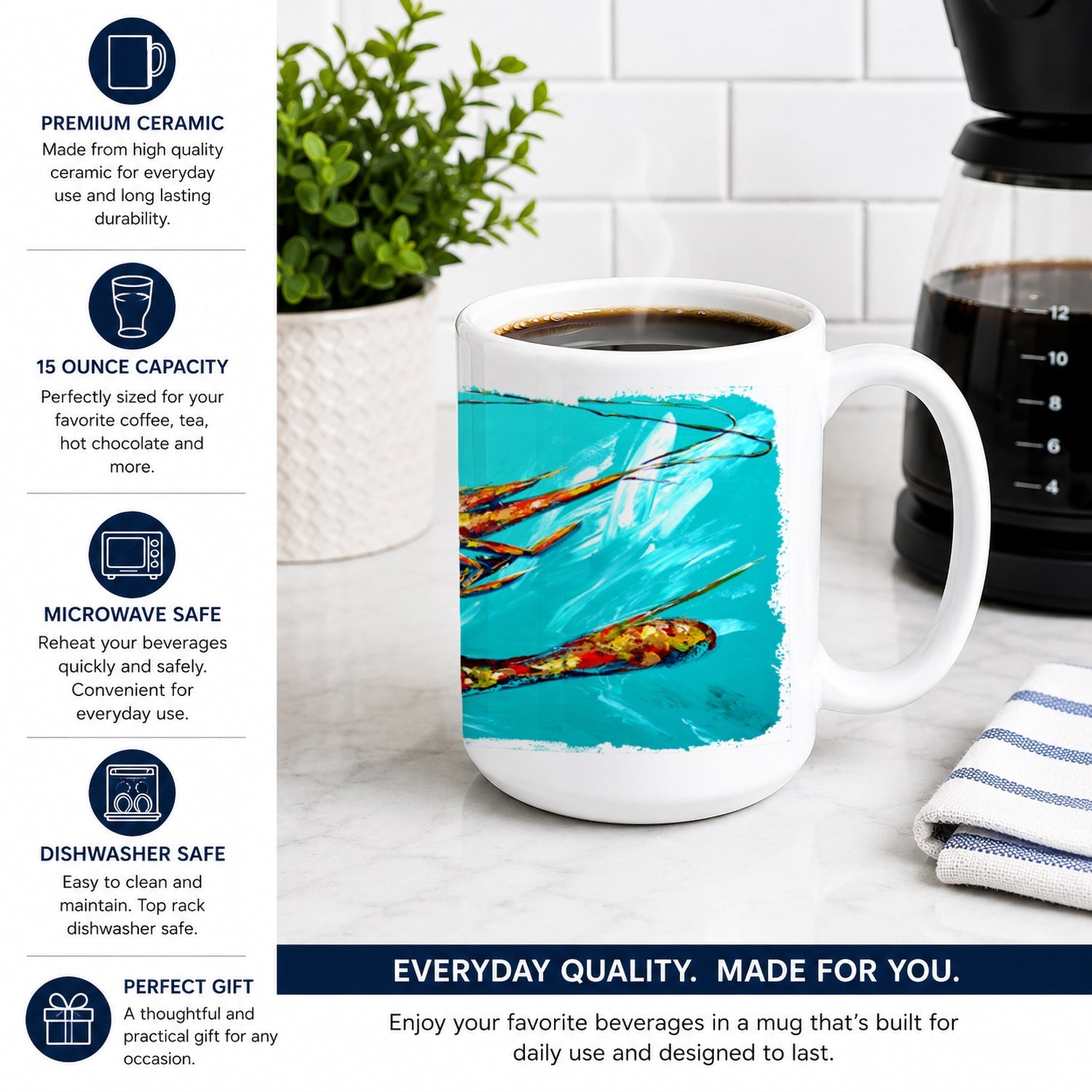 Shrimp Teal Shrimp Ceramic Coffee Mug 15 oz Decorative Large C Handle Mug Cup for Tea, Cocoa Hot Chocolate