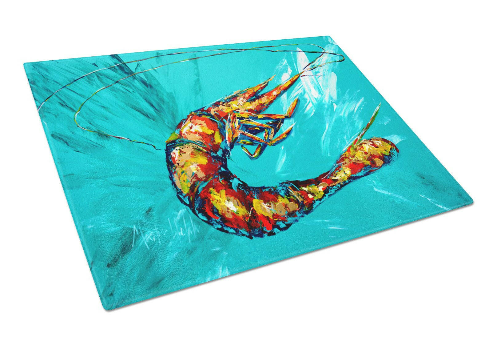 Shrimp Teal Shrimp Cutting Board Tempered Glass Kitchen Cutting Surface, Heat Resistant Chopping, Non-Slip Feet, Food Prep & Serving