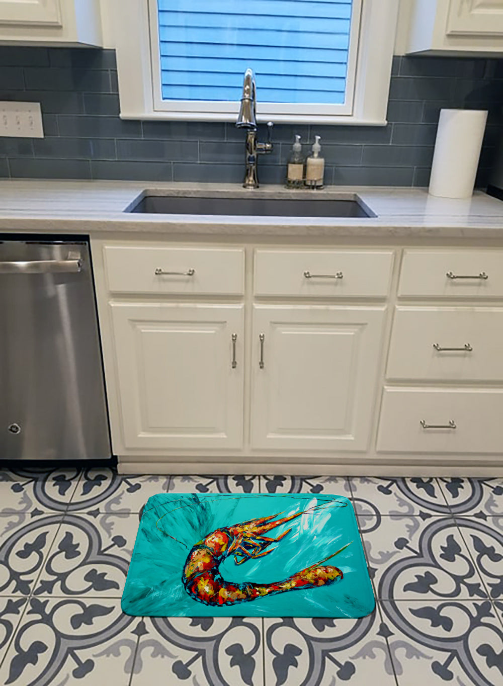 Shrimp Teal Shrimp Memory Foam Kitchen Mat Machine Washable Anti-Fatigue Cushion Comfort Bath or Kitchen Rug