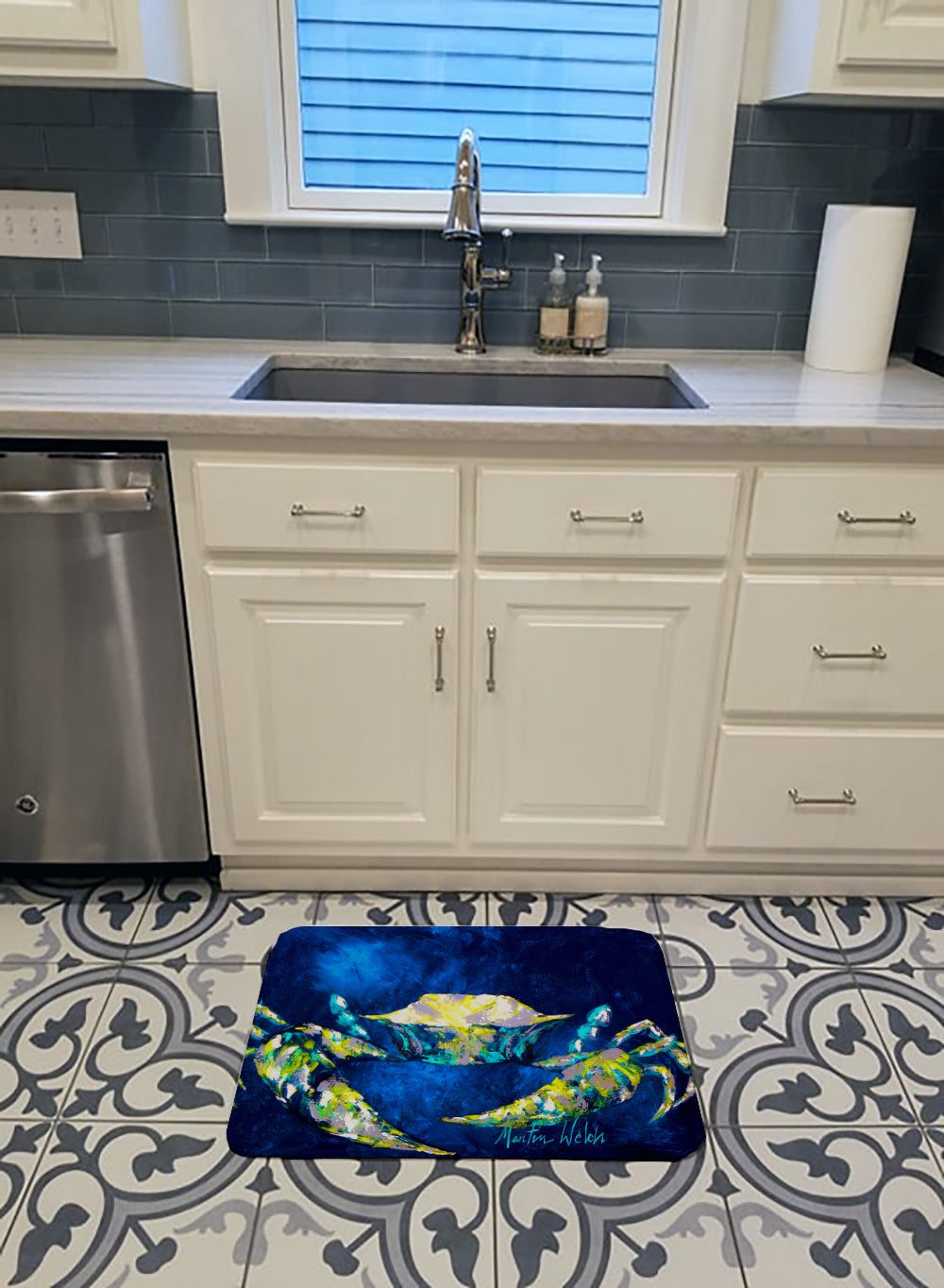 Crab Blue Memory Foam Kitchen Mat Machine Washable Anti-Fatigue Cushion Comfort Bath or Kitchen Rug