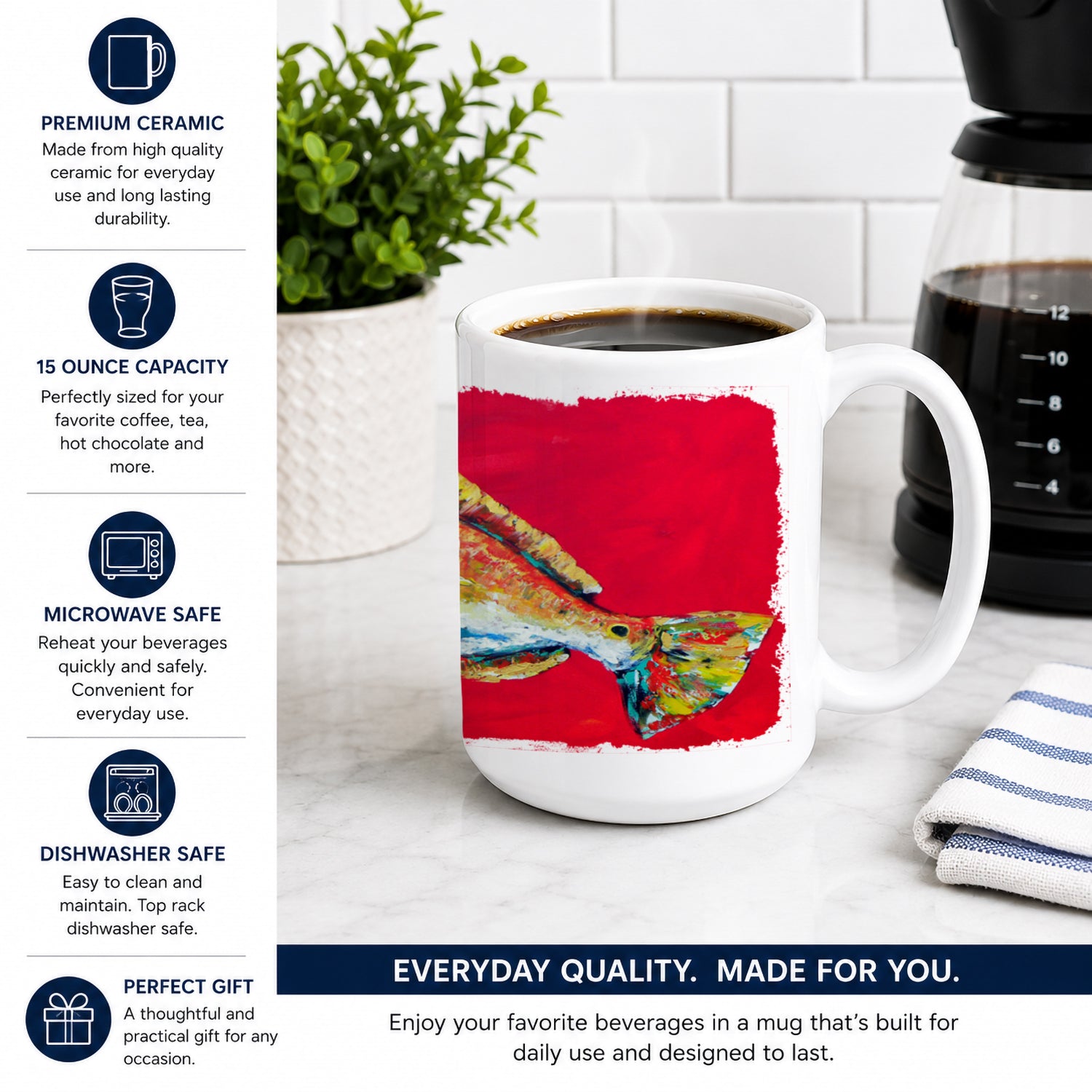 Fish - Red Fish Woo Hoo Ceramic Coffee Mug 15 oz Decorative Large C Handle Mug Cup for Tea, Cocoa Hot Chocolate