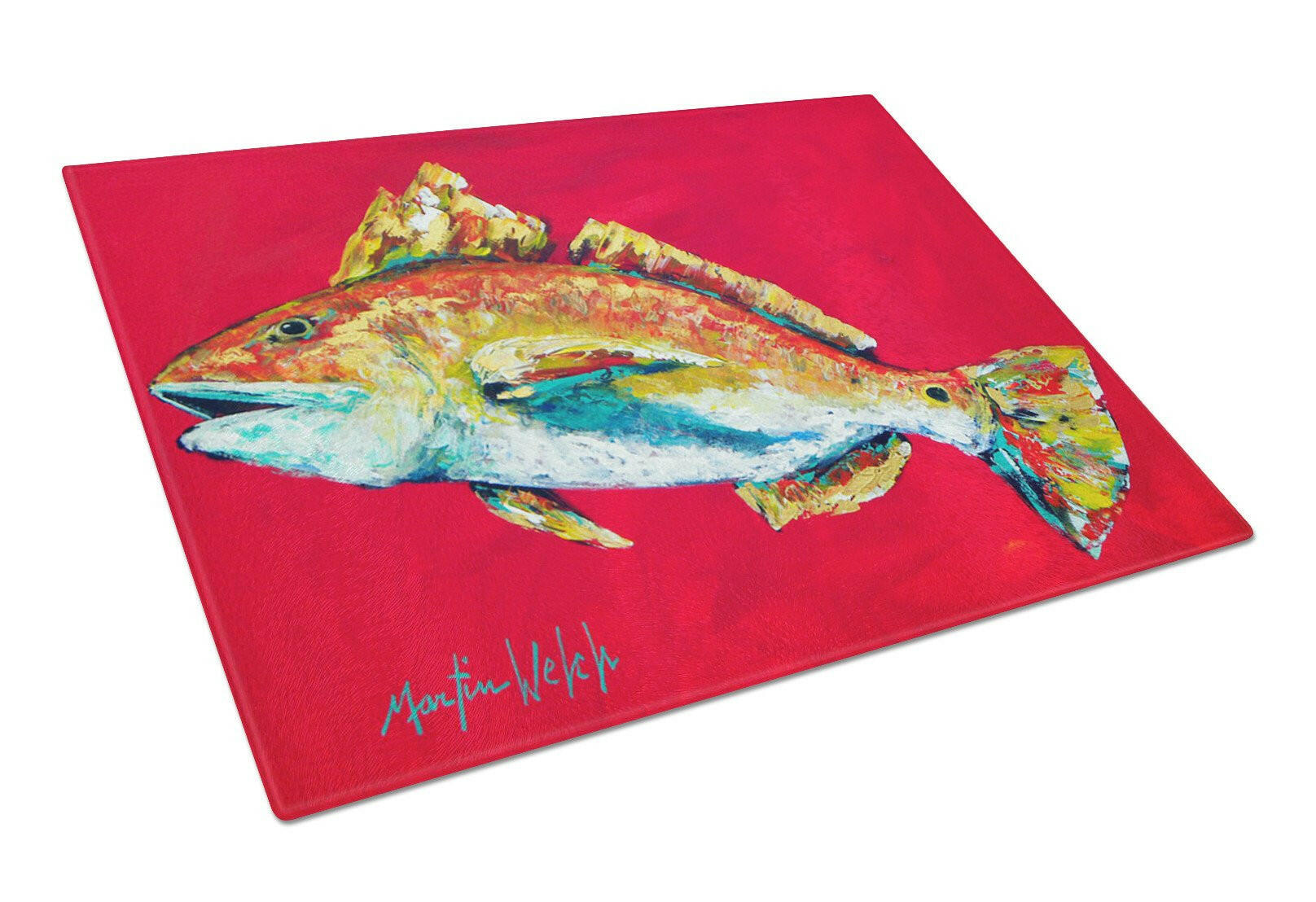 Fish - Red Fish Woo Hoo Cutting Board Tempered Glass Kitchen Cutting Surface, Heat Resistant Chopping, Non-Slip Feet, Food Prep & Serving