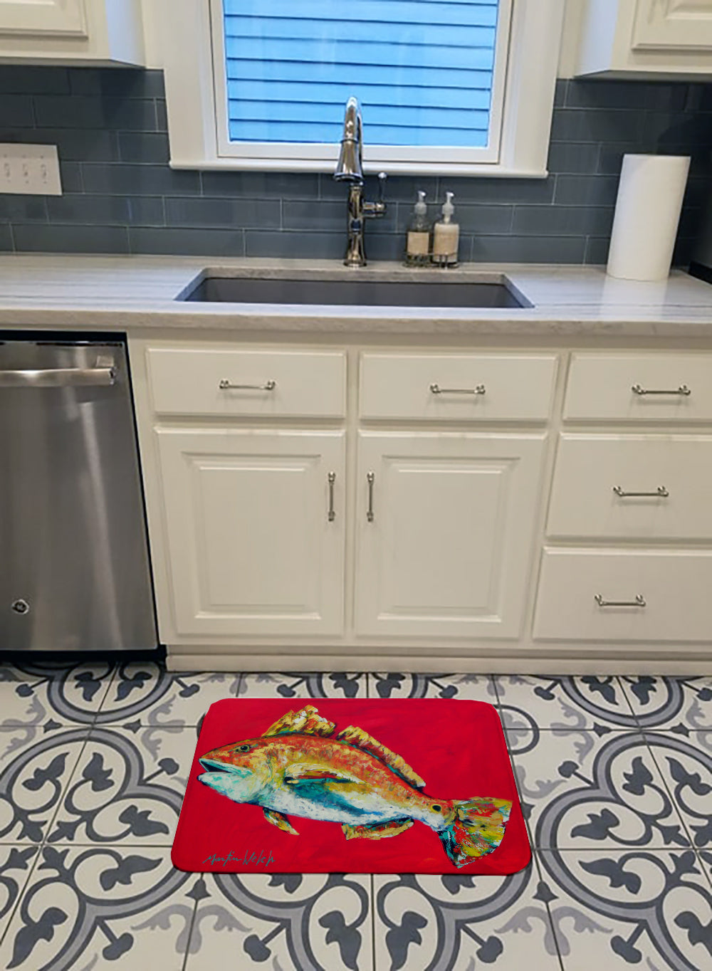 Fish - Red Fish Woo Hoo Memory Foam Kitchen Mat Machine Washable Anti-Fatigue Cushion Comfort Bath or Kitchen Rug