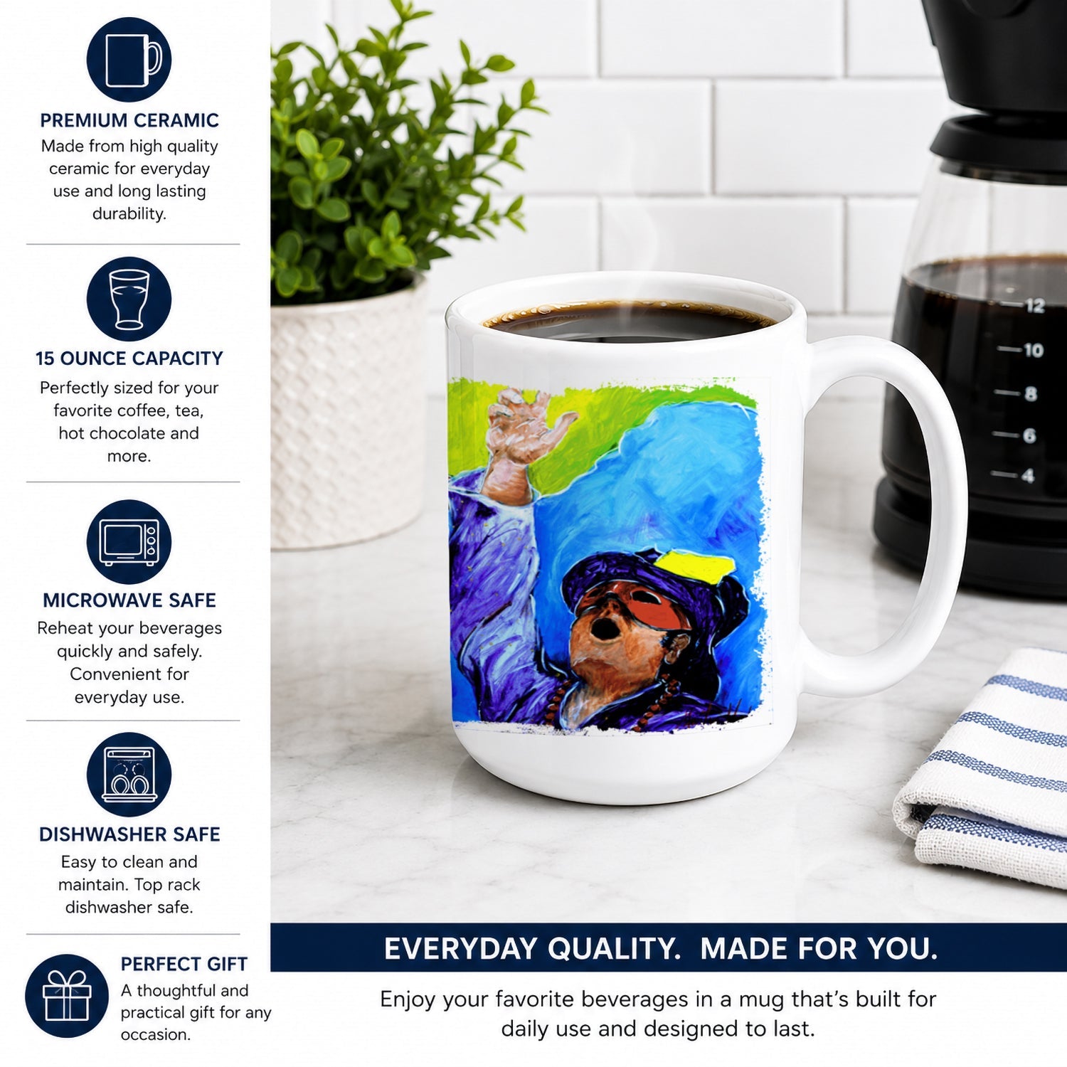 Mardi Gras Ceramic Coffee Mug 15 oz Decorative Large C Handle Mug Cup for Tea, Cocoa Hot Chocolate