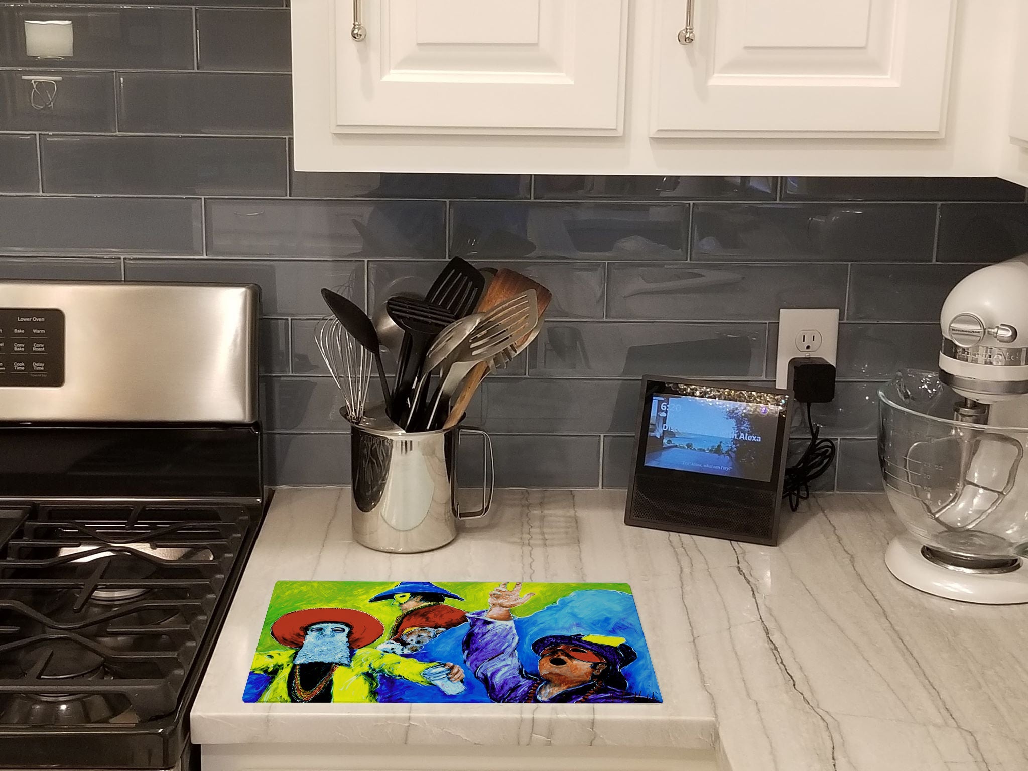 Mardi Gras Cutting Board Tempered Glass Kitchen Cutting Surface, Heat Resistant Chopping, Non-Slip Feet, Food Prep & Serving