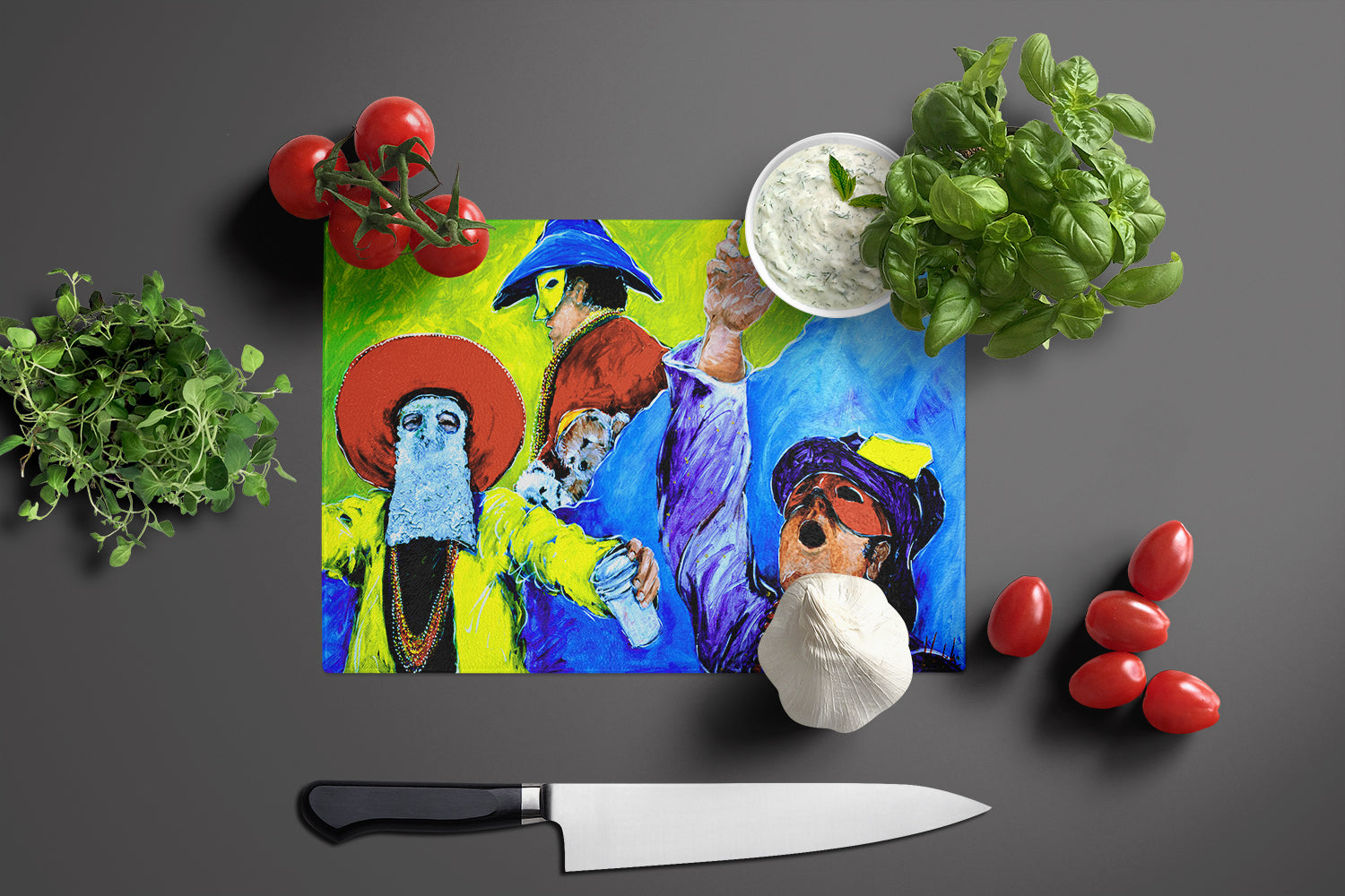 Mardi Gras Cutting Board Tempered Glass Kitchen Cutting Surface, Heat Resistant Chopping, Non-Slip Feet, Food Prep & Serving