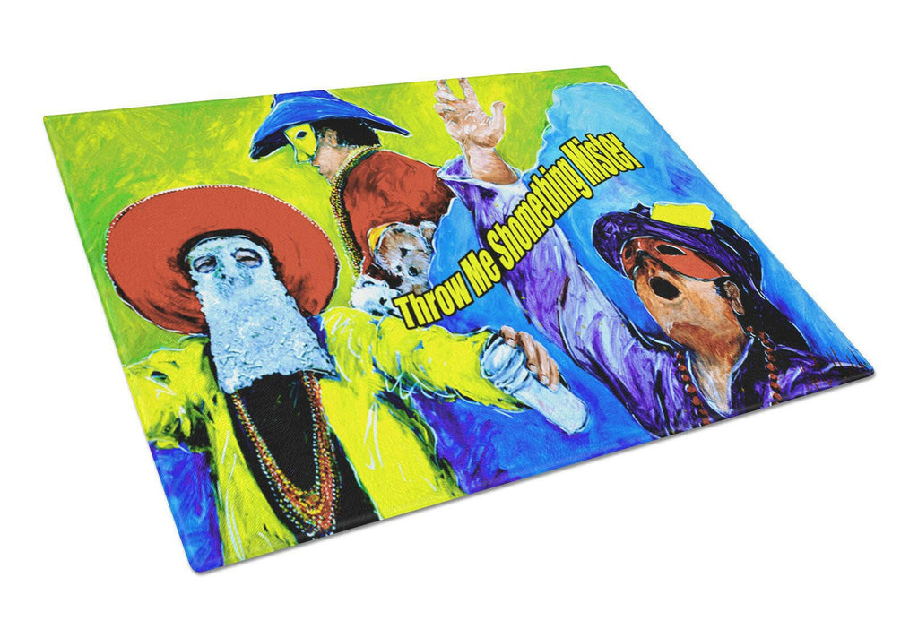 Mardi Gras Throw me something mister Cutting Board Tempered Glass Kitchen Cutting Surface, Heat Resistant Chopping, Non-Slip Feet, Food Prep & Serving