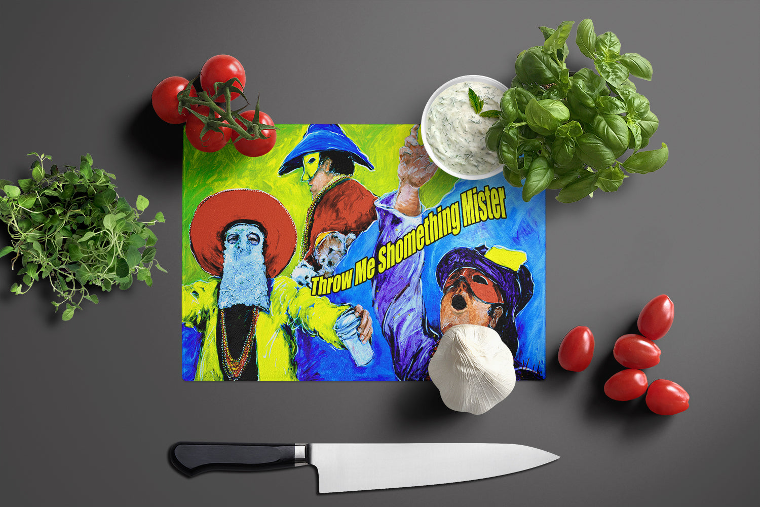 Mardi Gras Throw me something mister Cutting Board Tempered Glass Kitchen Cutting Surface, Heat Resistant Chopping, Non-Slip Feet, Food Prep & Serving