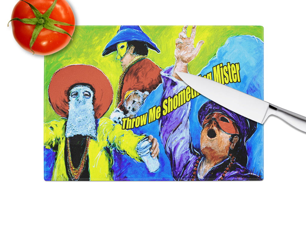 Mardi Gras Throw me something mister Cutting Board Tempered Glass Kitchen Cutting Surface, Heat Resistant Chopping, Non-Slip Feet, Food Prep & Serving