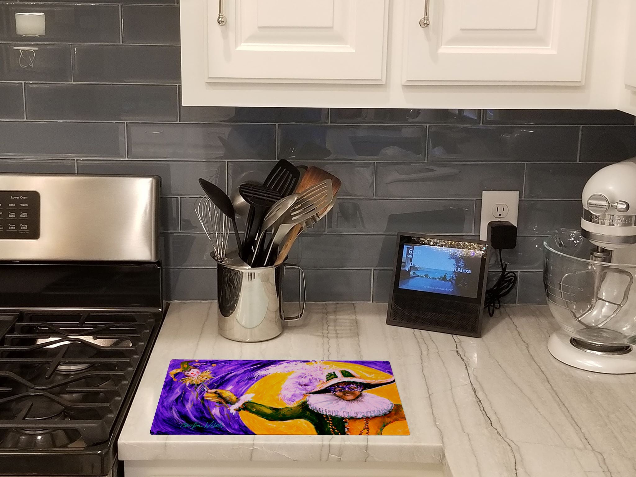Mardi Gras Hey Mister Cutting Board Tempered Glass Kitchen Cutting Surface, Heat Resistant Chopping, Non-Slip Feet, Food Prep & Serving