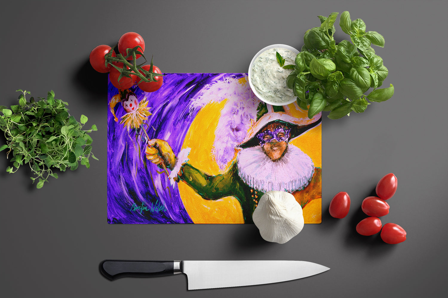 Mardi Gras Hey Mister Cutting Board Tempered Glass Kitchen Cutting Surface, Heat Resistant Chopping, Non-Slip Feet, Food Prep & Serving
