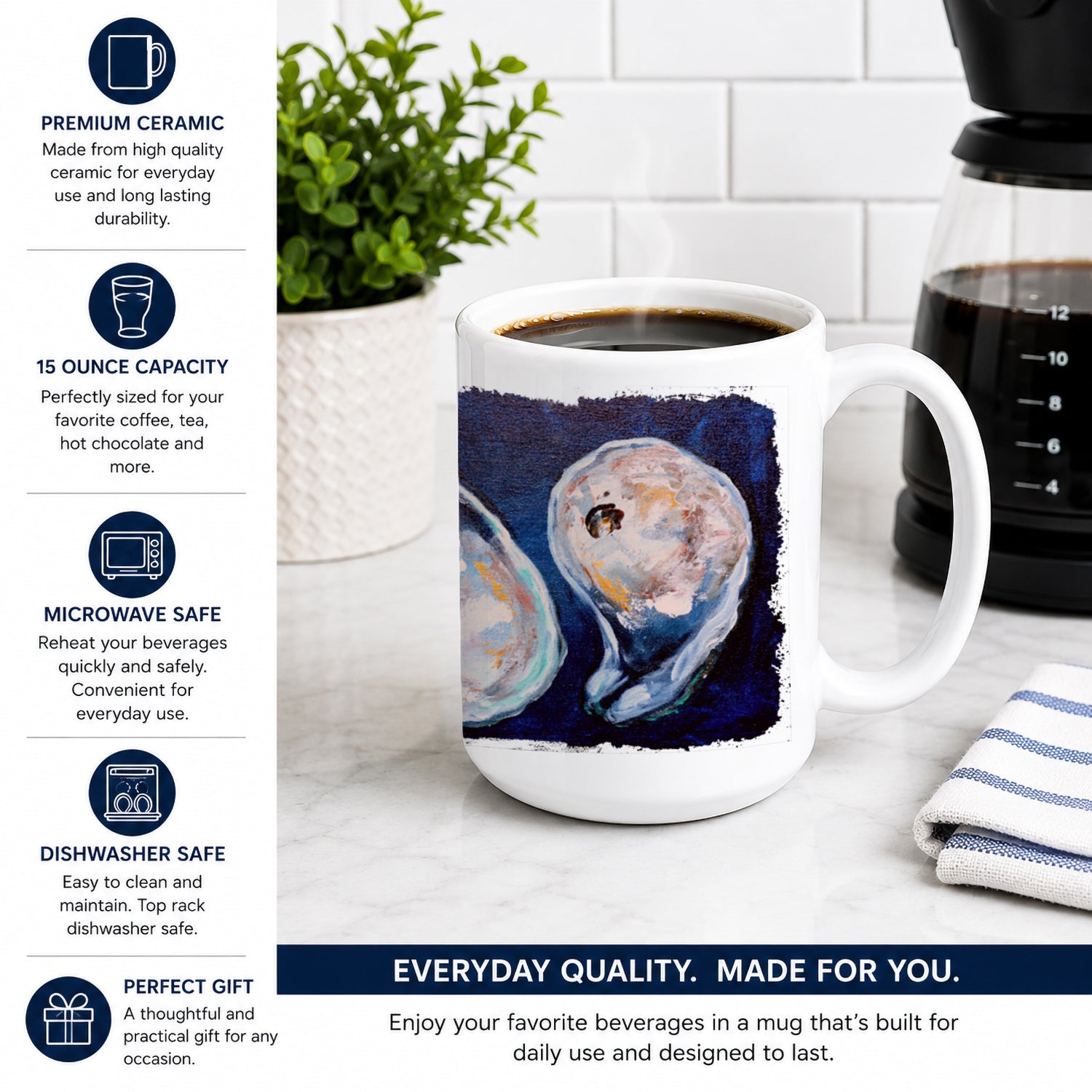 Oysters Give Me More Ceramic Coffee Mug 15 oz Decorative Large C Handle Mug Cup for Tea, Cocoa Hot Chocolate
