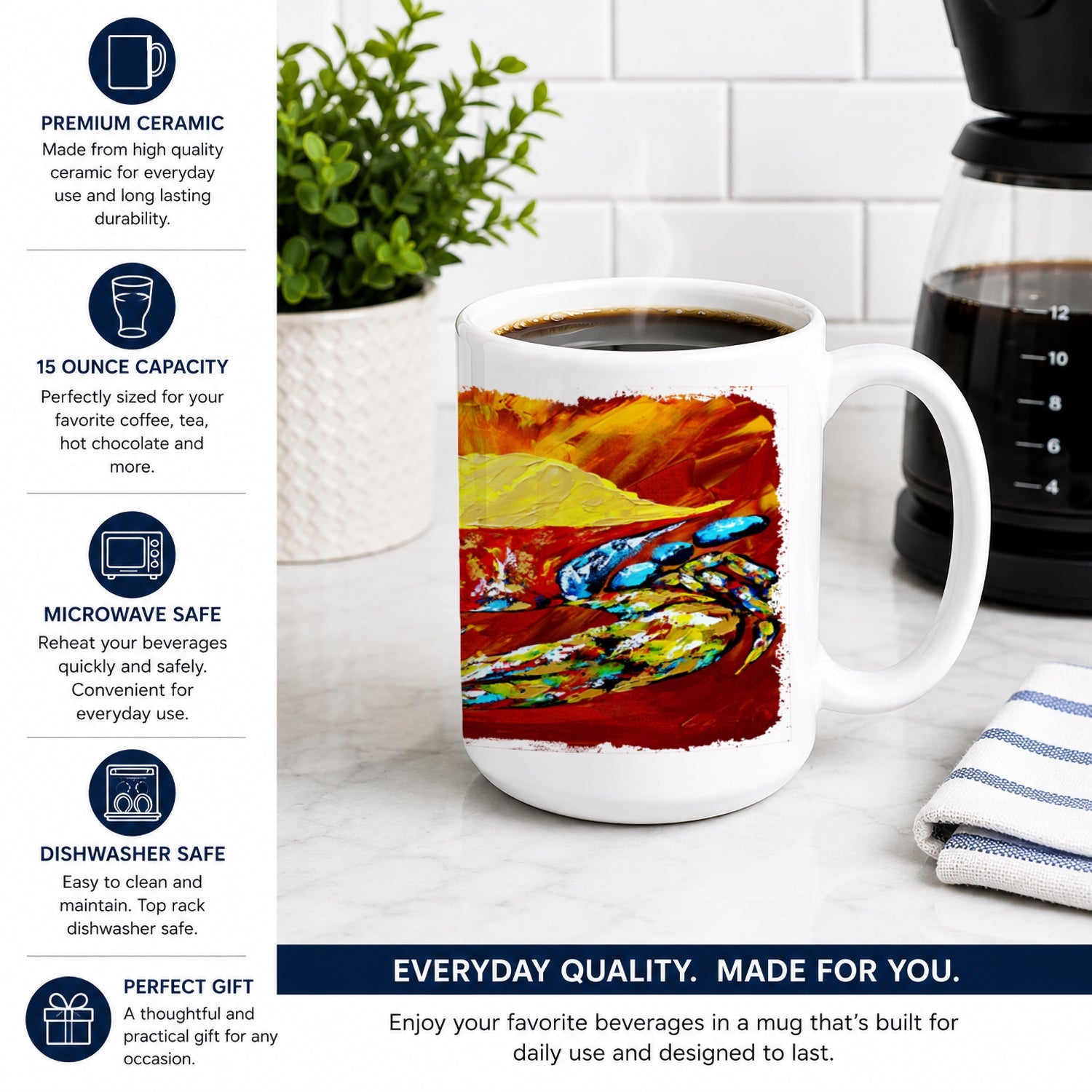 Crab Buster Brown Ceramic Coffee Mug 15 oz Decorative Large C Handle Mug Cup for Tea, Cocoa Hot Chocolate