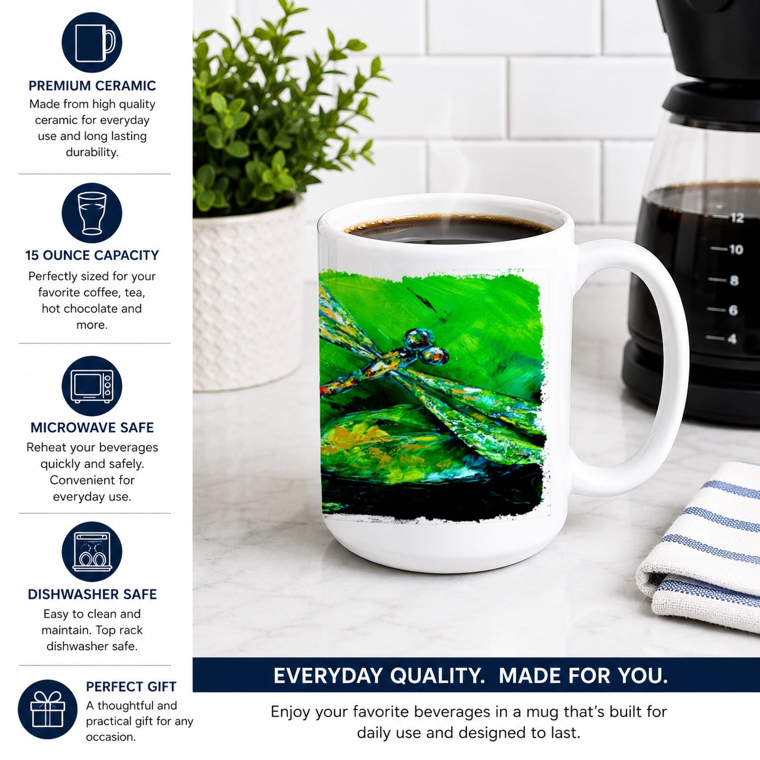 Dragonfly Summer Flies Ceramic Coffee Mug 15 oz Decorative Large C Handle Mug Cup for Tea, Cocoa Hot Chocolate