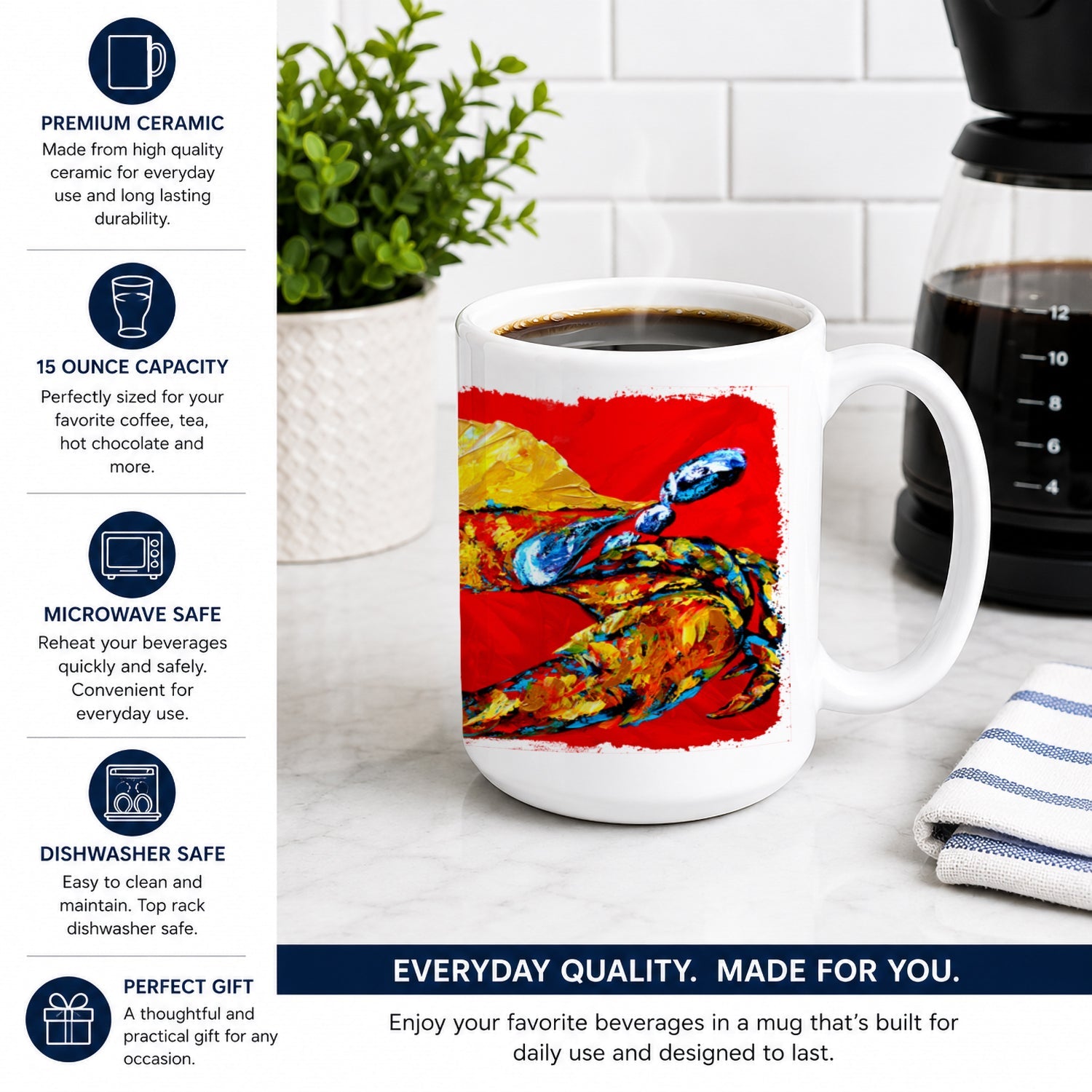 Crab Fat and Sassy Ceramic Coffee Mug 15 oz Decorative Large C Handle Mug Cup for Tea, Cocoa Hot Chocolate