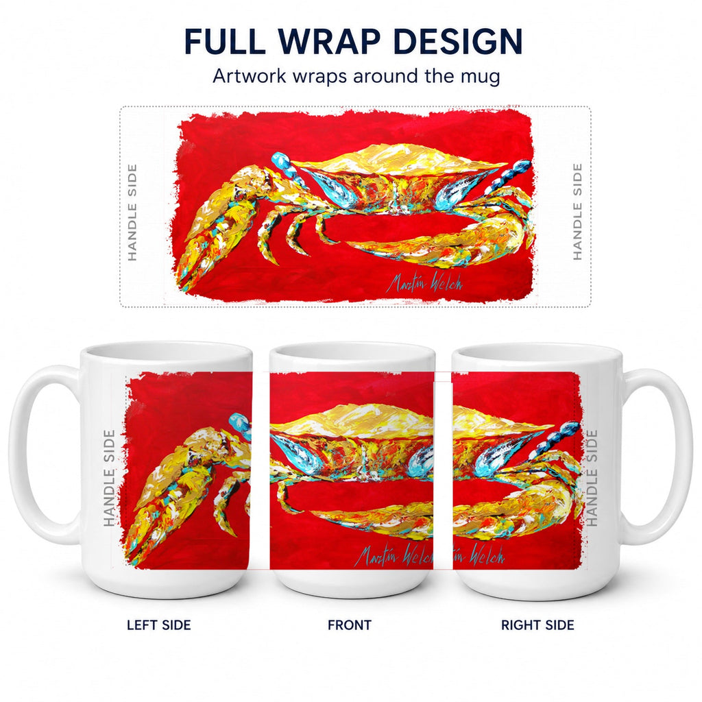 Crab Blue on Red, Sr Ceramic Coffee Mug 15 oz Decorative Large C Handle Mug Cup for Tea, Cocoa Hot Chocolate