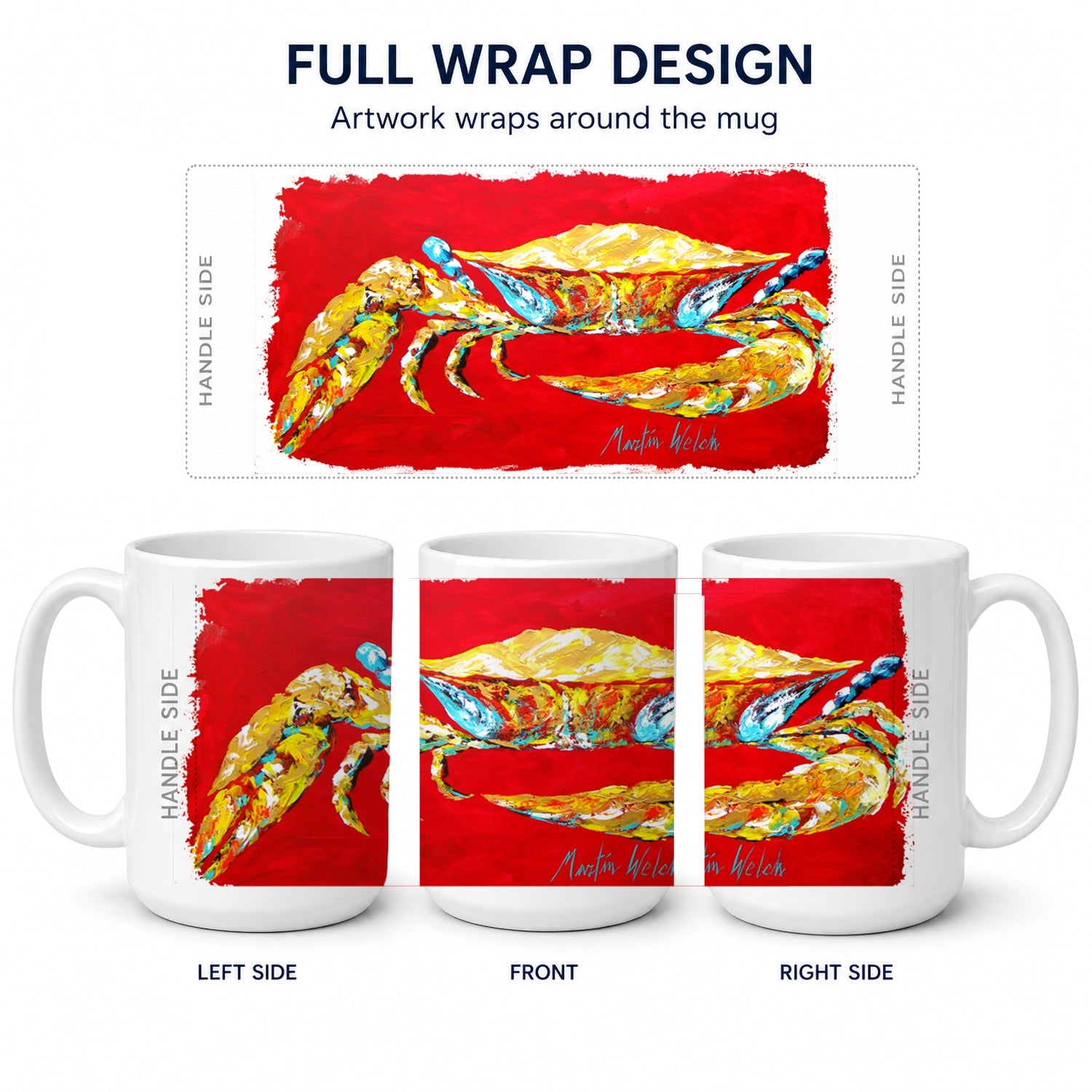 Crab Blue on Red, Sr Ceramic Coffee Mug 15 oz Decorative Large C Handle Mug Cup for Tea, Cocoa Hot Chocolate