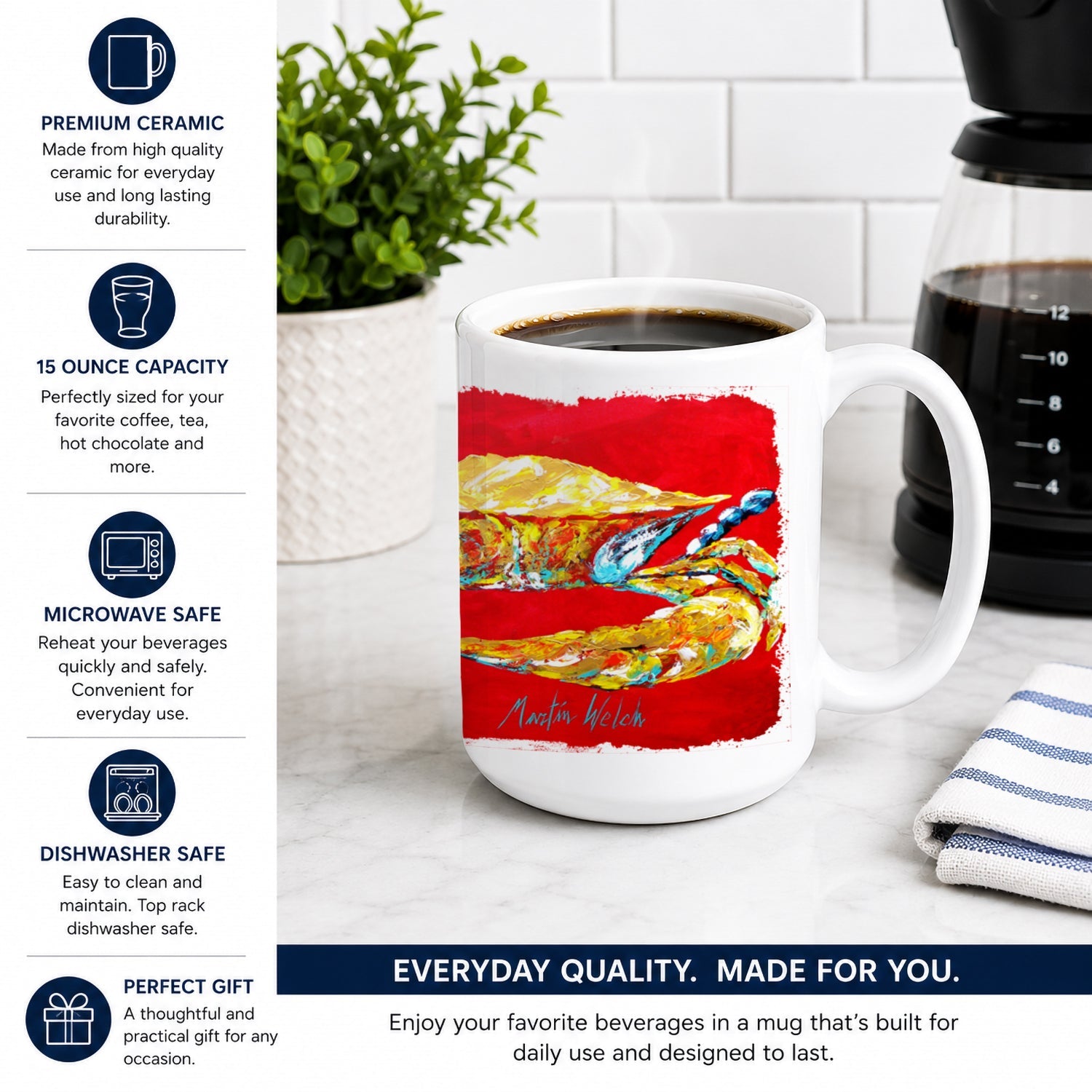 Crab Blue on Red, Sr Ceramic Coffee Mug 15 oz Decorative Large C Handle Mug Cup for Tea, Cocoa Hot Chocolate