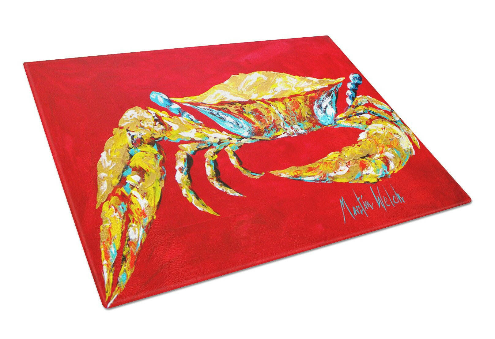 Crab Blue on Red, Sr Cutting Board Tempered Glass Kitchen Cutting Surface, Heat Resistant Chopping, Non-Slip Feet, Food Prep & Serving