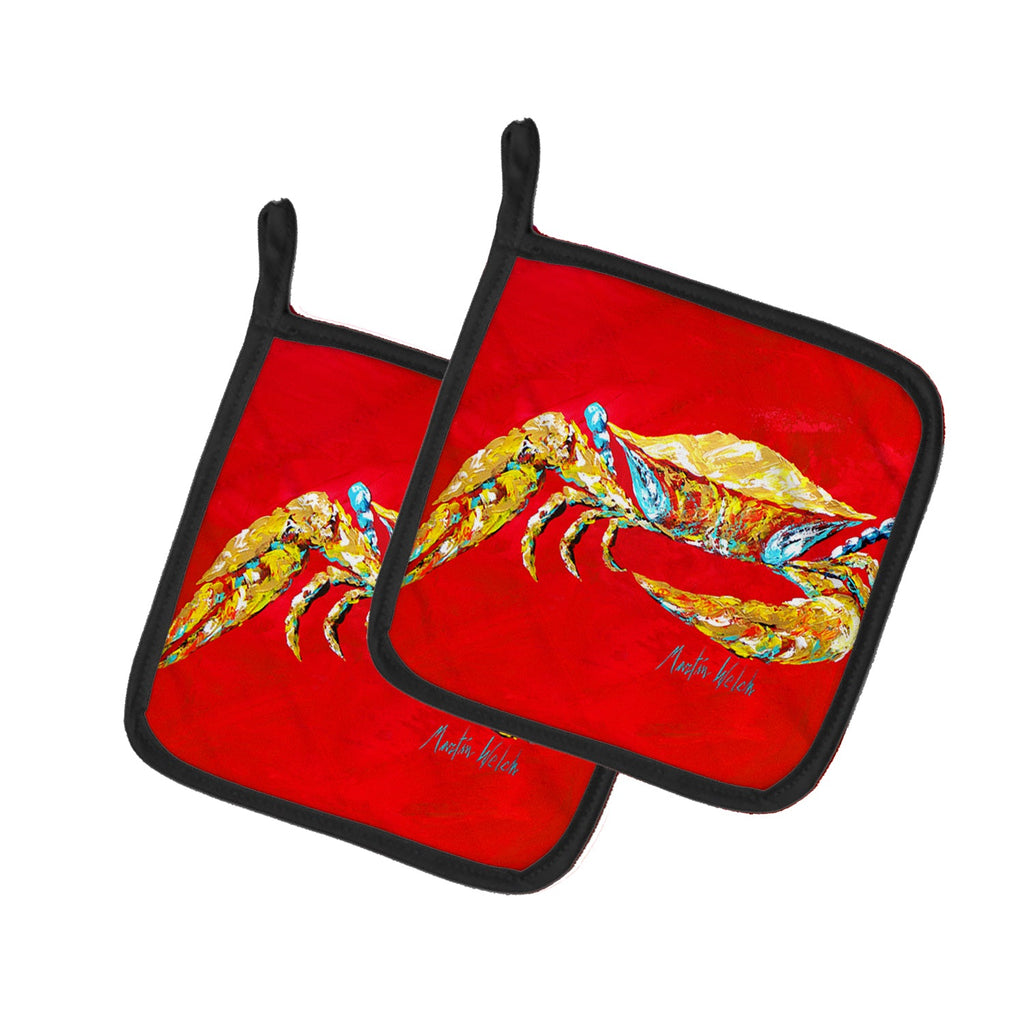Crab Blue on Red, Sr Pot Holder Set of 2 Heat Resistant Quilted Hot Pads 7.5 x 7.5 Inch, Insulated Kitchen Trivets for Cooking & Baking