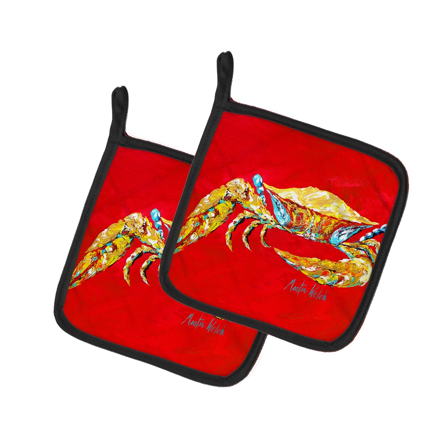 Crab Blue on Red, Sr Pot Holder Set of 2 Heat Resistant Quilted Hot Pads 7.5 x 7.5 Inch, Insulated Kitchen Trivets for Cooking & Baking