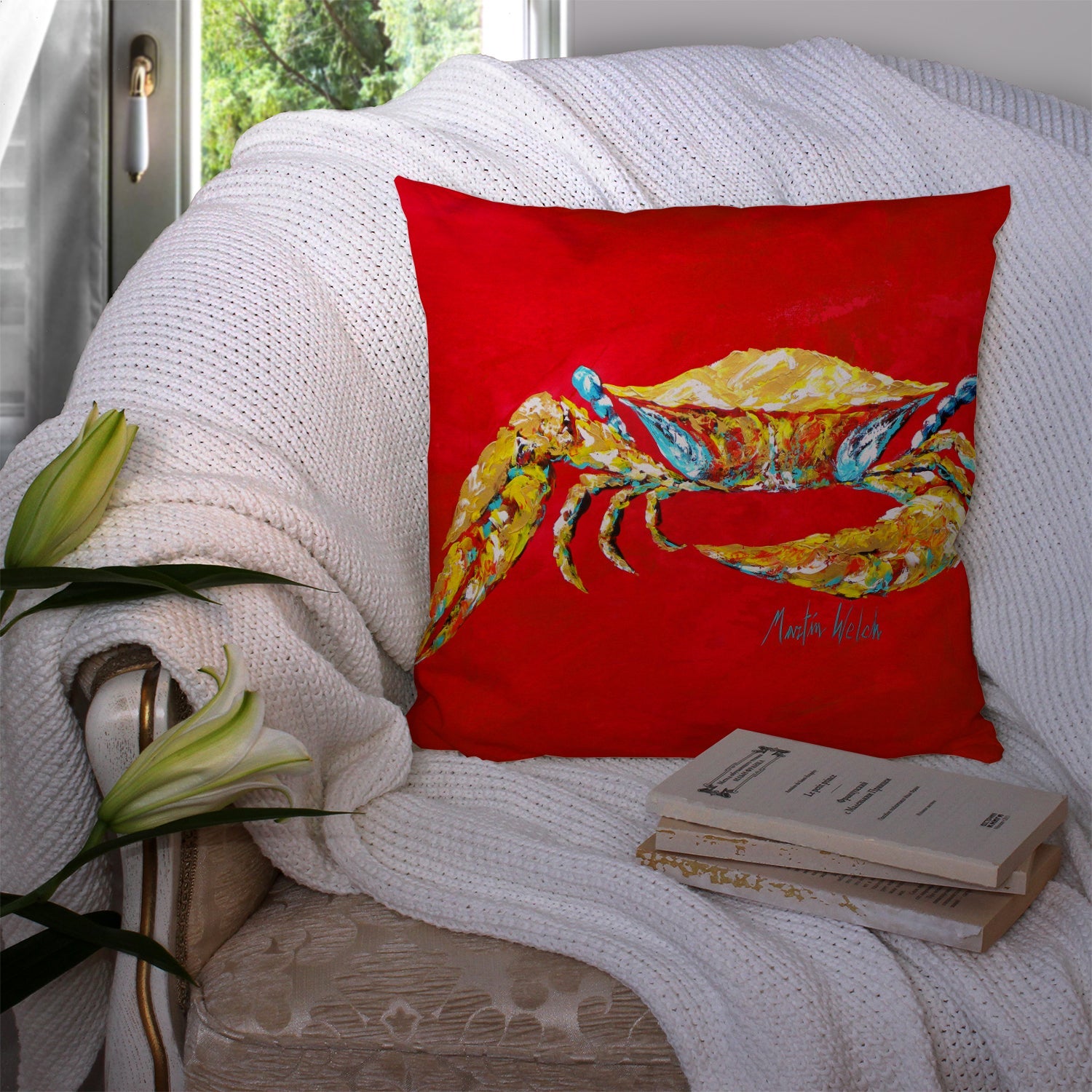 Crab Blue on Red, Sr Decorative Throw Pillow 14x14 Indoor Outdoor Accent Cushion, Fabric Cover with Insert for Sofa, Bed, Porch & Living Room
